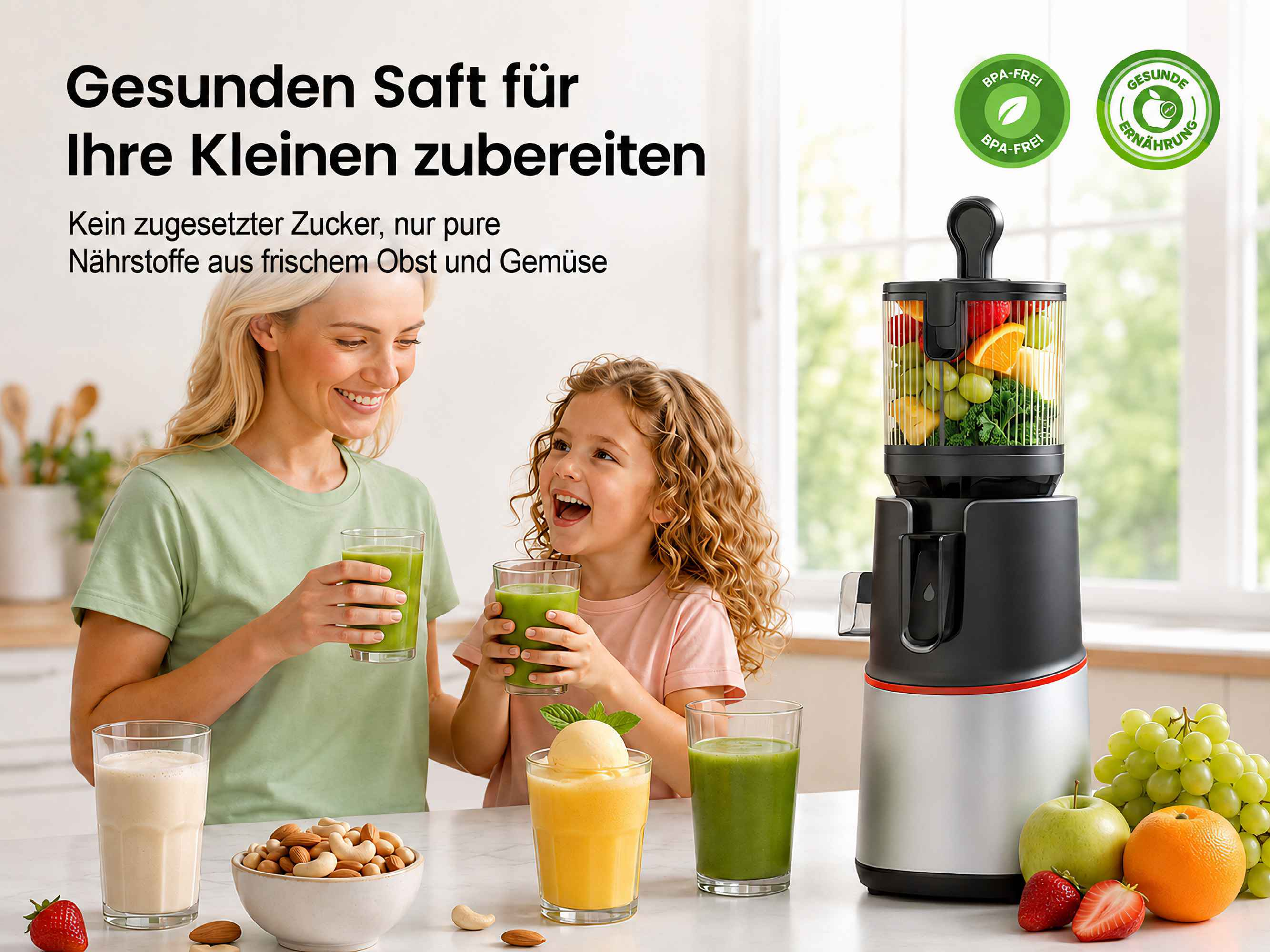 Eine Frau und ein Mädchen lächeln, während sie grüne Smoothies trinken, neben einem Entsafter in einer hellen Küche.