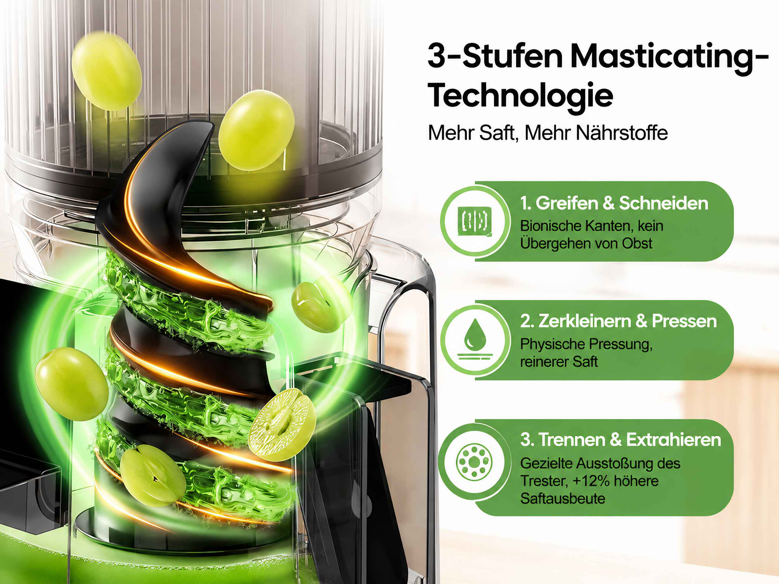 3-Stufen Masticating-Technologie eines Entsafters mit grünen Trauben und Text.
