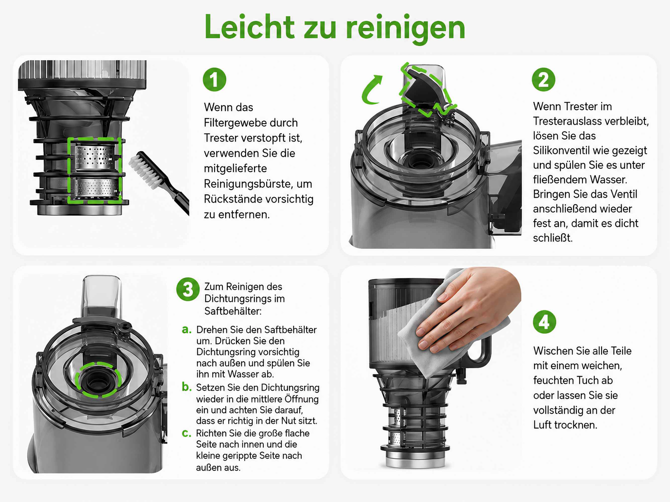 Anleitung zur einfachen Reinigung von Entsafterteilen mit vier nummerierten Schritten und erklärendem Text.