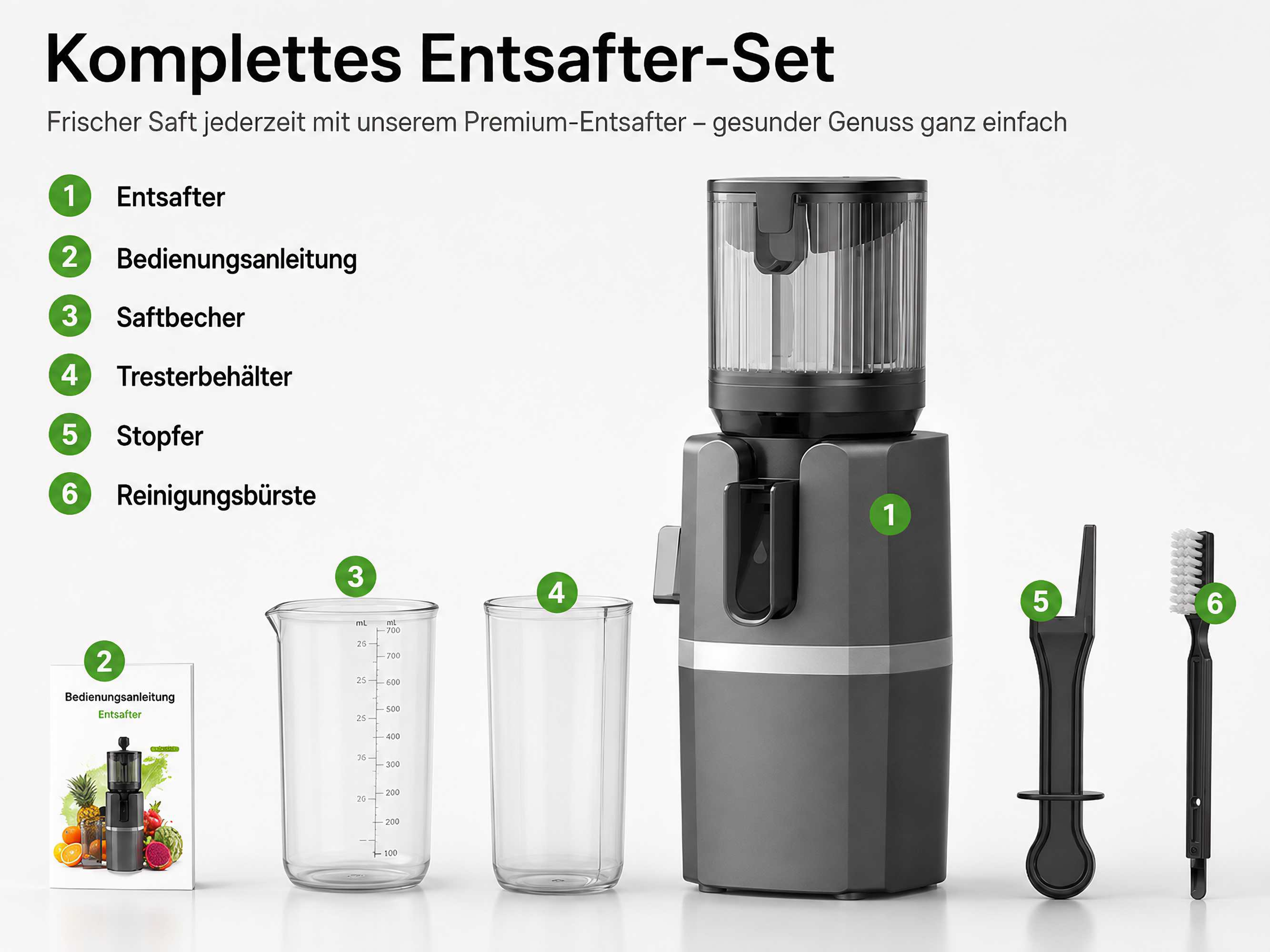 Komplettes Entsafter-Set mit Hauptgerät, Bechern, Bedienungsanleitung und Reinigungswerkzeugen auf hellem Grund.