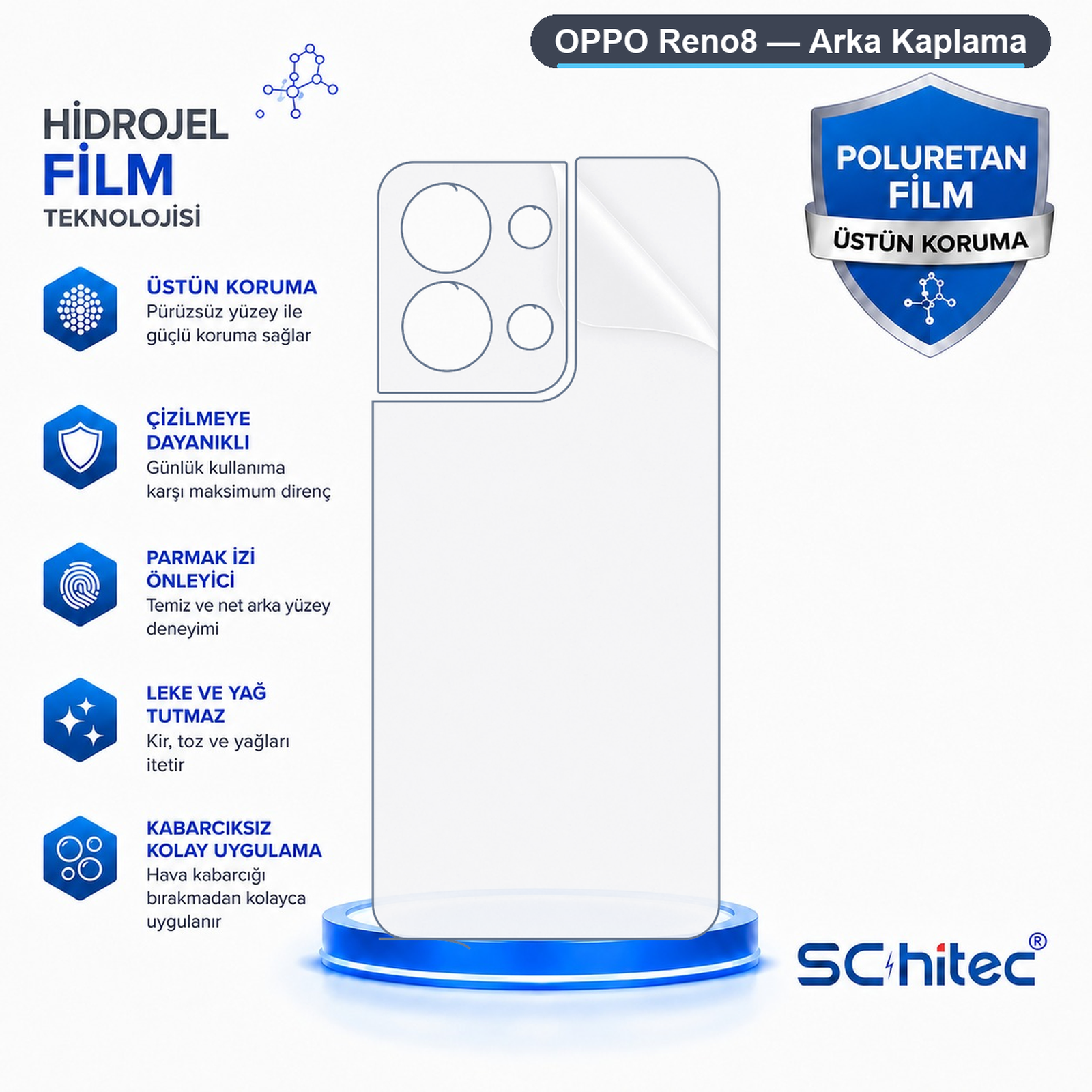 Çizilme ve yağ direnci gibi özellikleri gösteren Oppo Reno8 hidrojel ekran koruyucu infografiği.