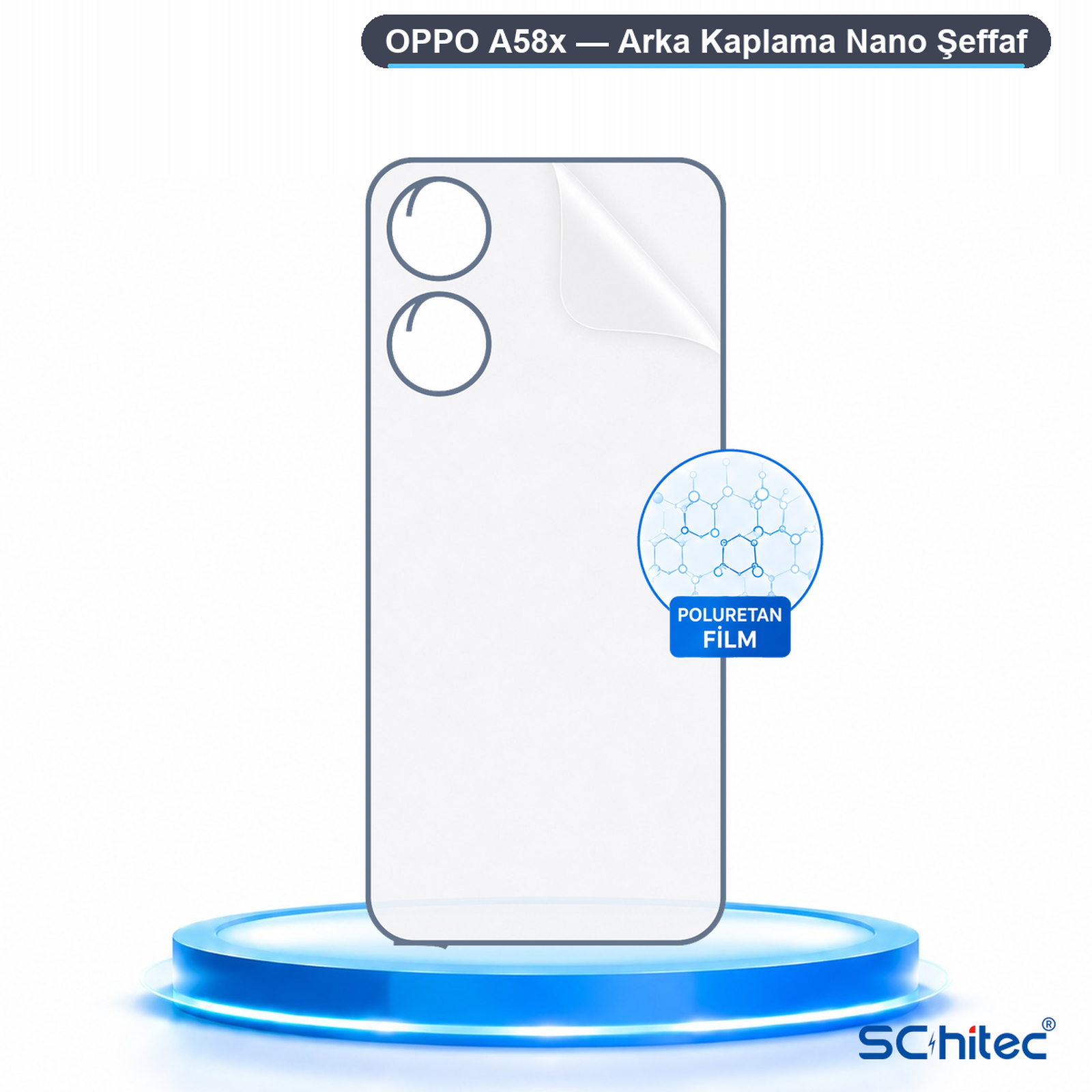 OPPO A58x için mavi kaide üzerinde şeffaf koruyucu film.