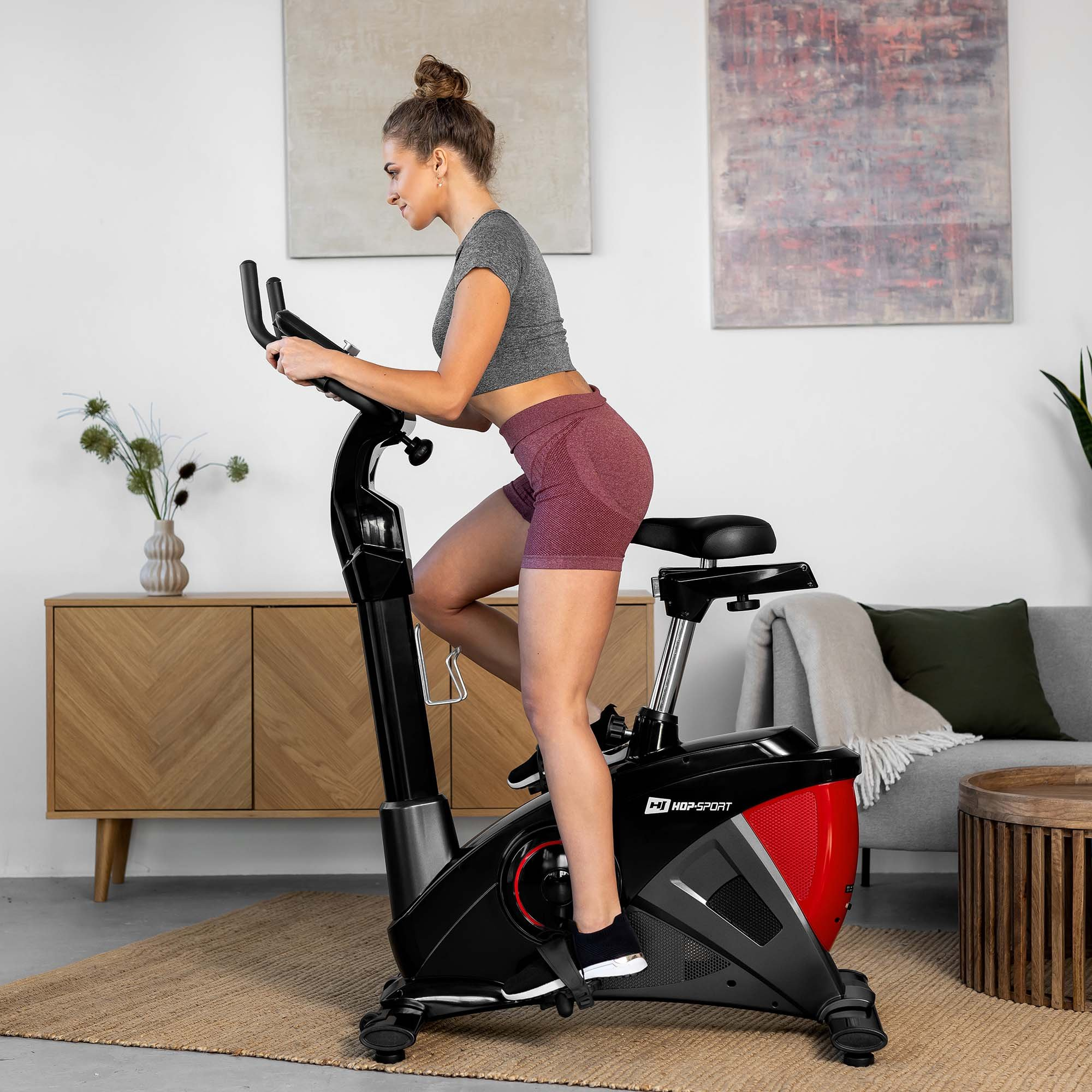 Eine Frau in grauem Shirt und roter Hose trainiert in einem Wohnzimmer auf einem Ergometer.