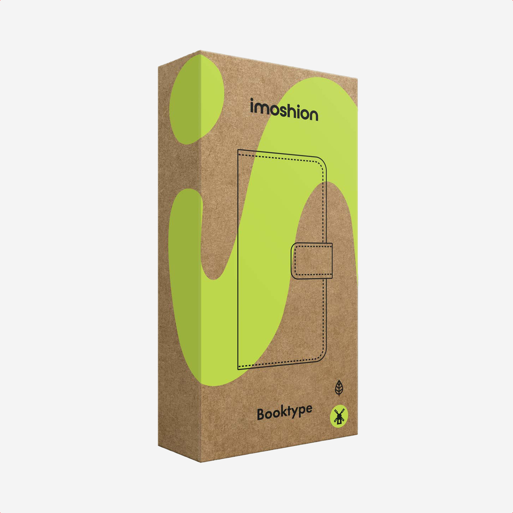 Braune Kartonverpackung mit grünen Akzenten für eine Imoshion Booktype Handytasche.