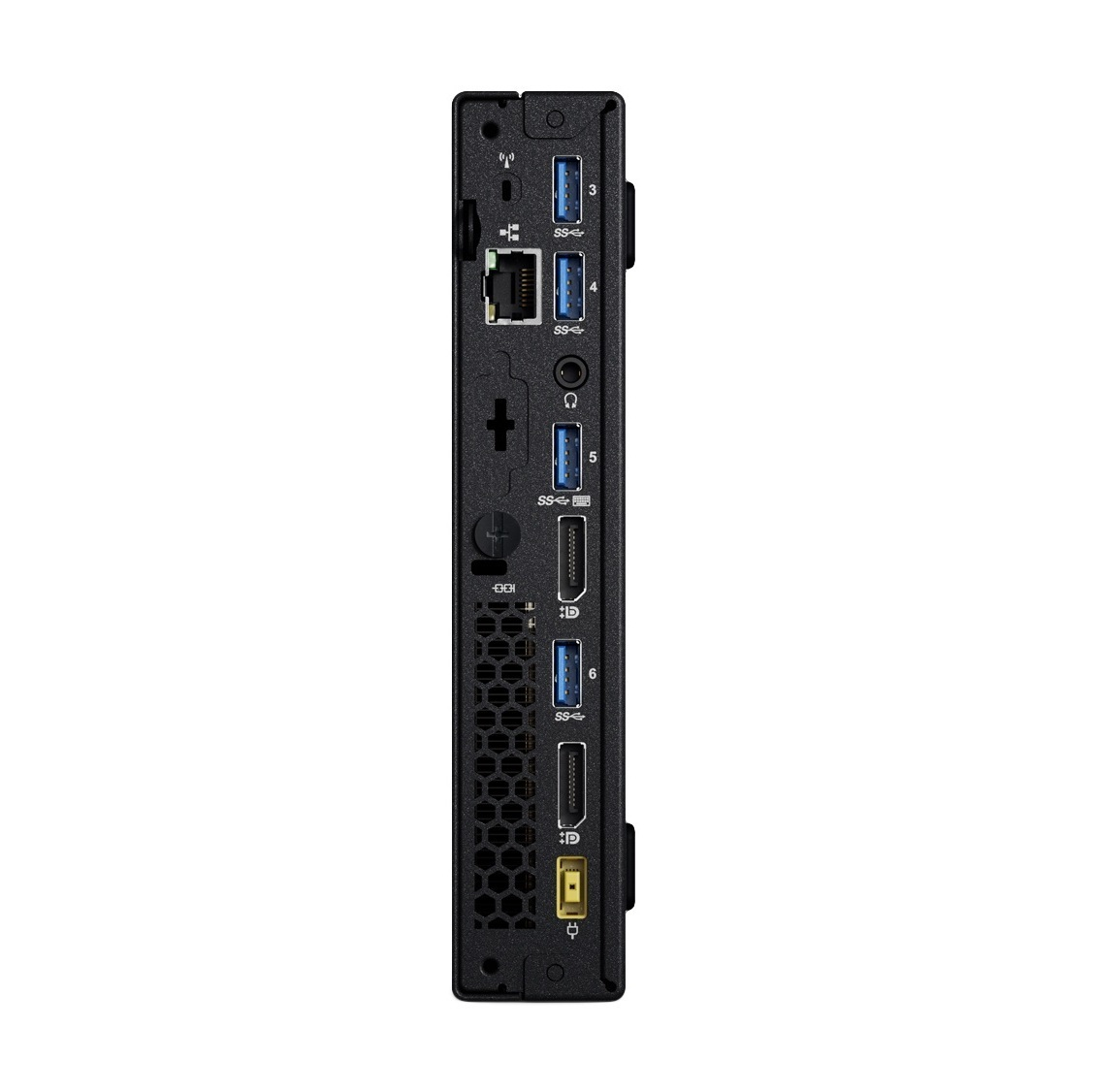 Rückseite eines schwarzen Mini-PCs mit USB-, Ethernet-, DisplayPort- und Stromanschlüssen.