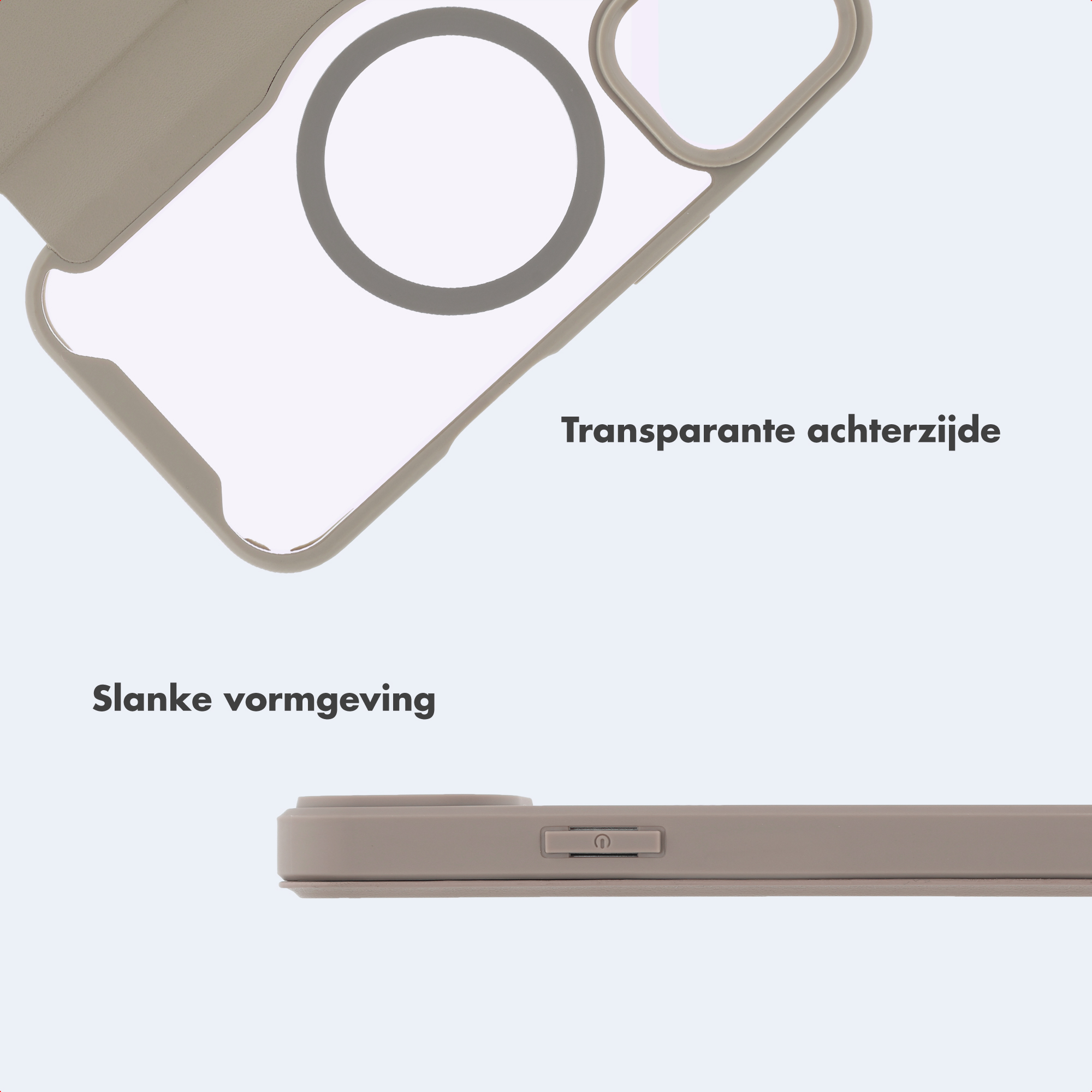Beigefarbene Handytasche mit klarer Rückseite, Magnetring und schlankem Profil aus zwei Blickwinkeln.