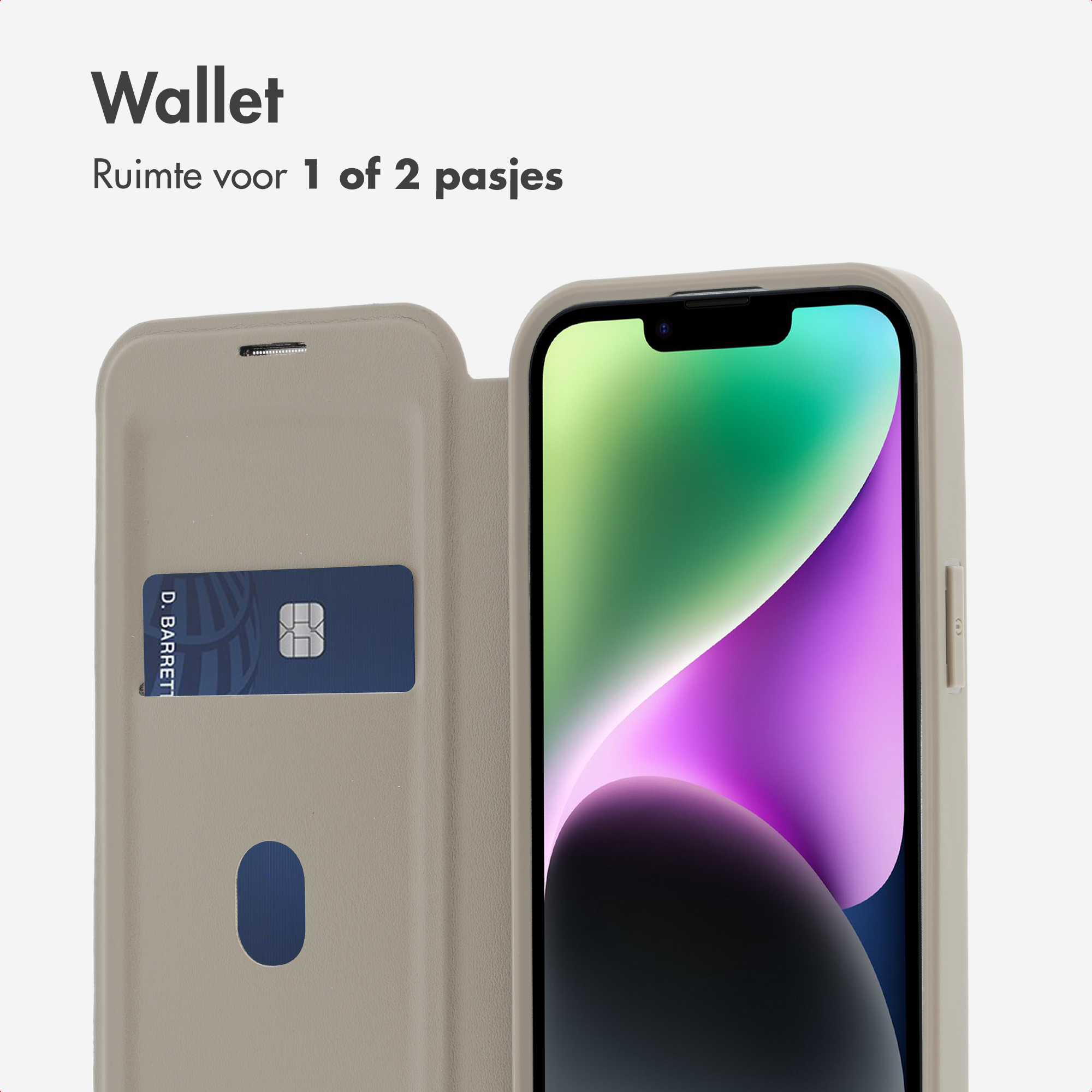 Beige Klapphülle für Smartphone mit Kartenfach und Text.
