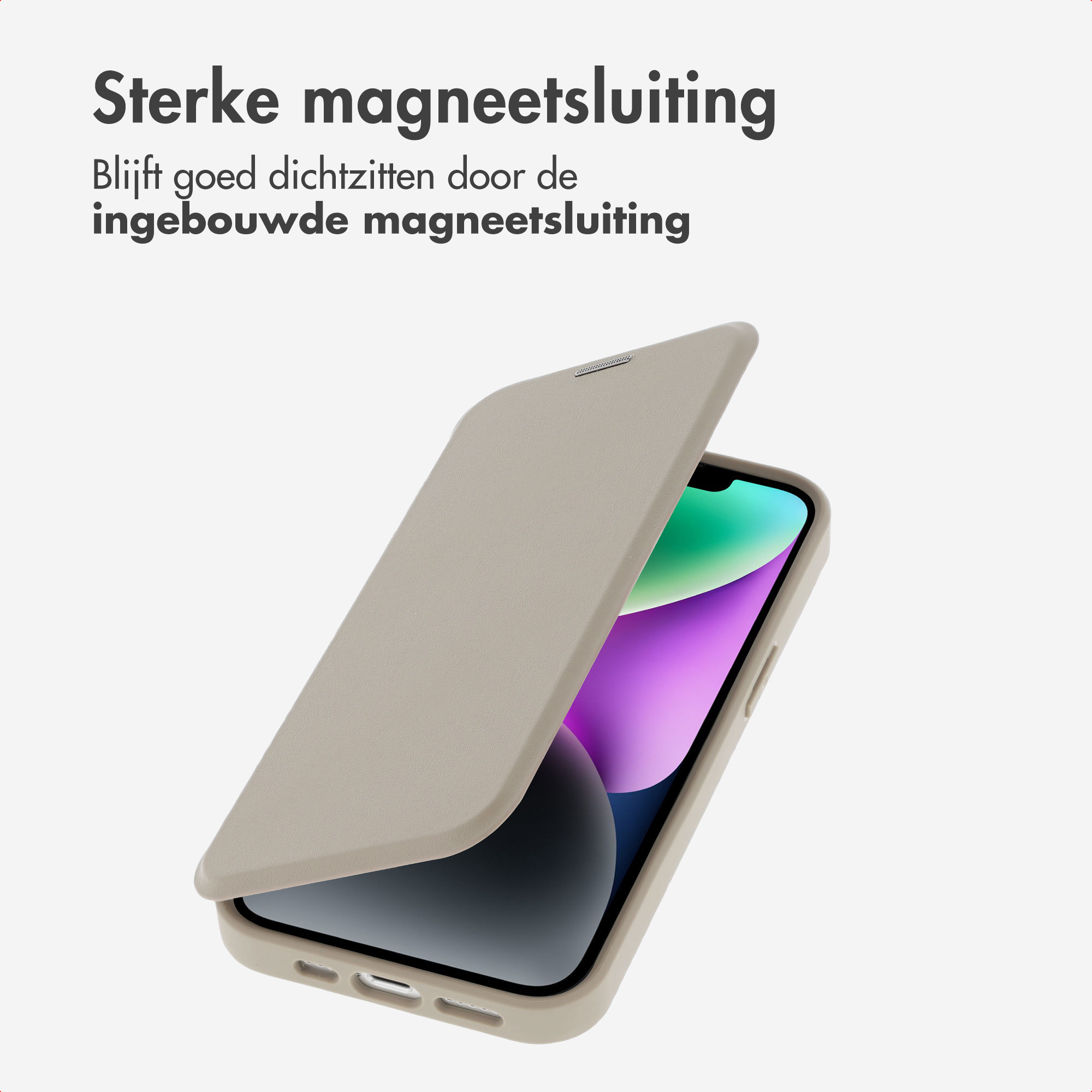 Ein beige farbenes Smartphone-Flip-Case mit starkem Magnetverschluss ist halb geöffnet.
