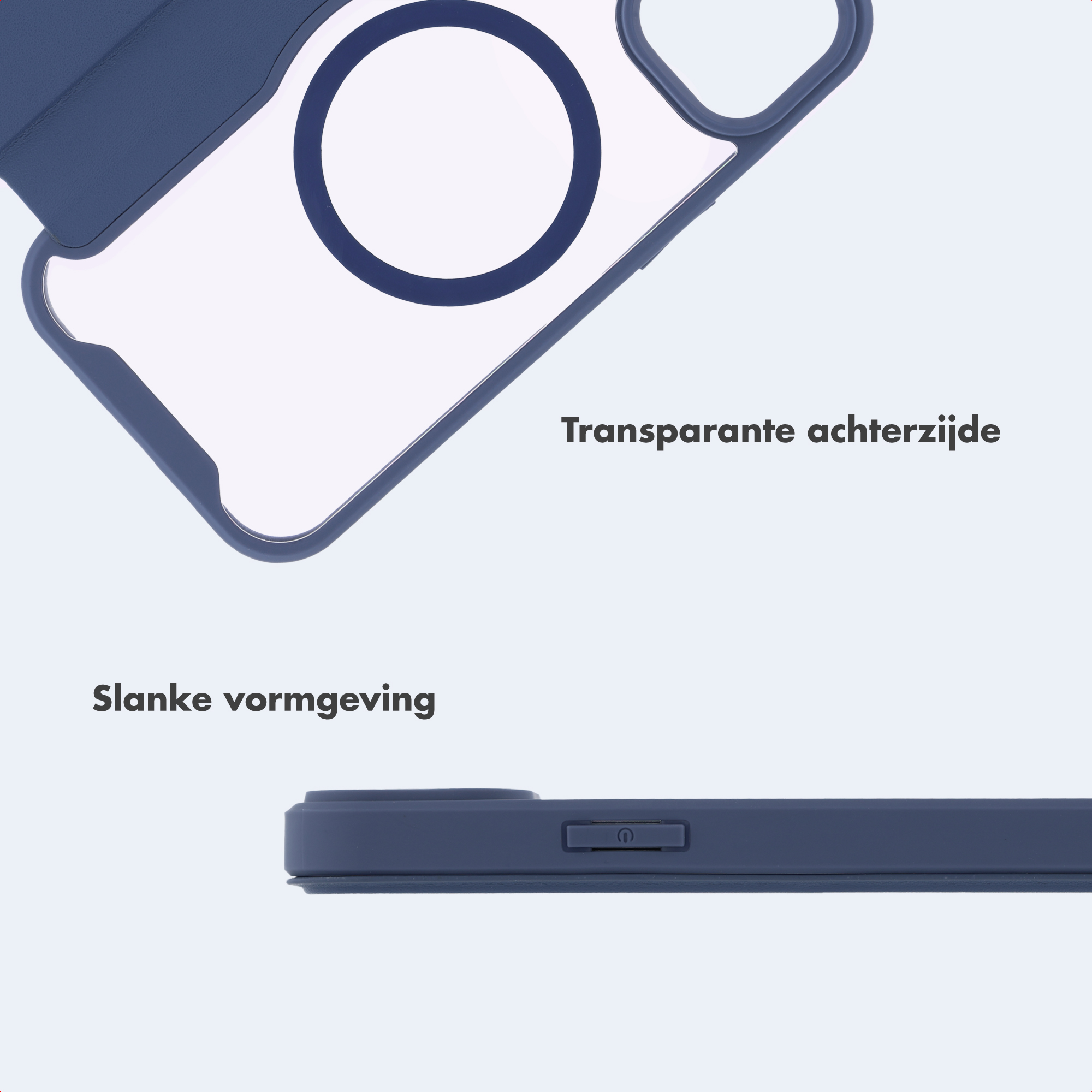 Blaue Handyhülle mit transparenter Rückseite und seitlichen Tasten.