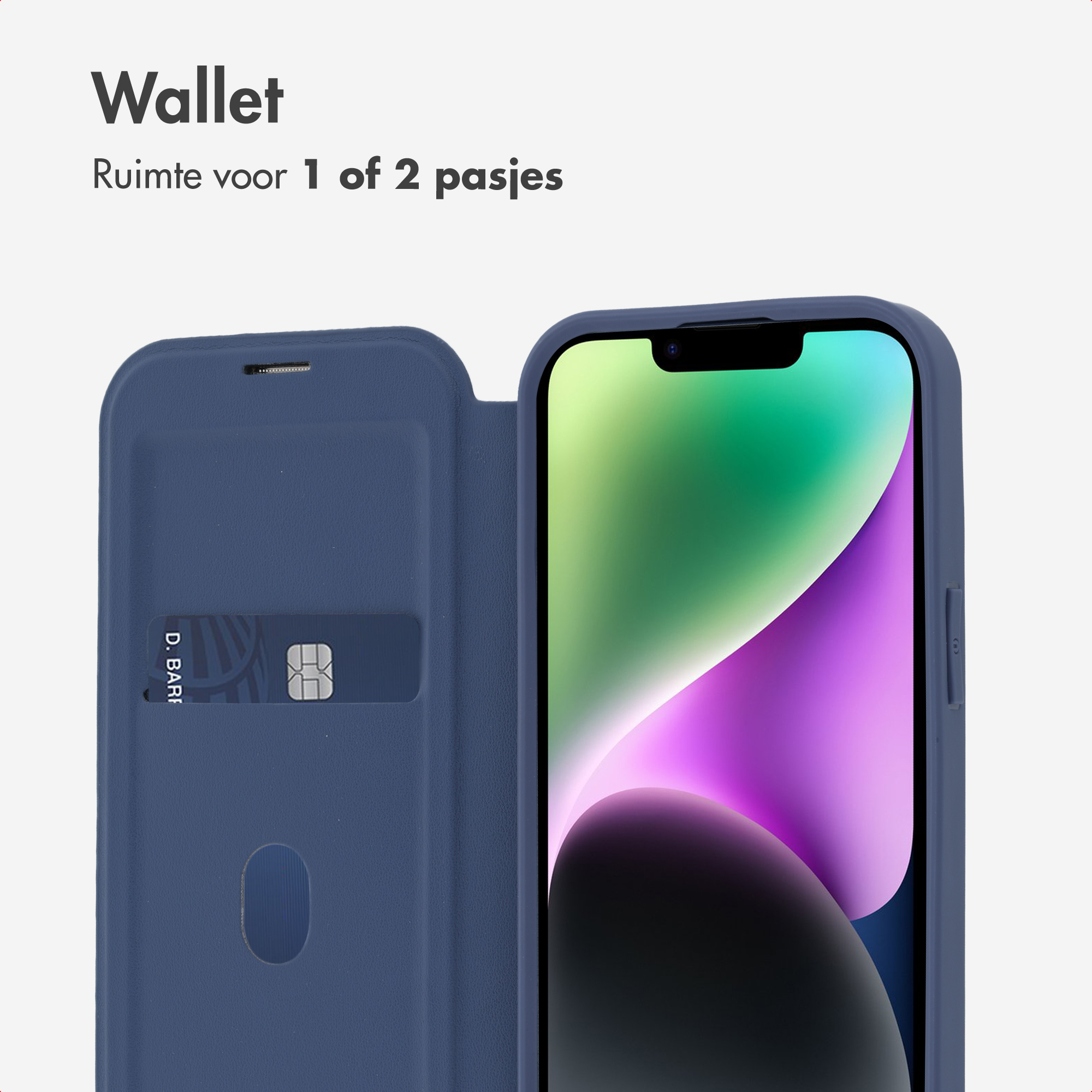 Blaue Brieftaschen-Handyhülle mit Kreditkarte und Smartphone.
