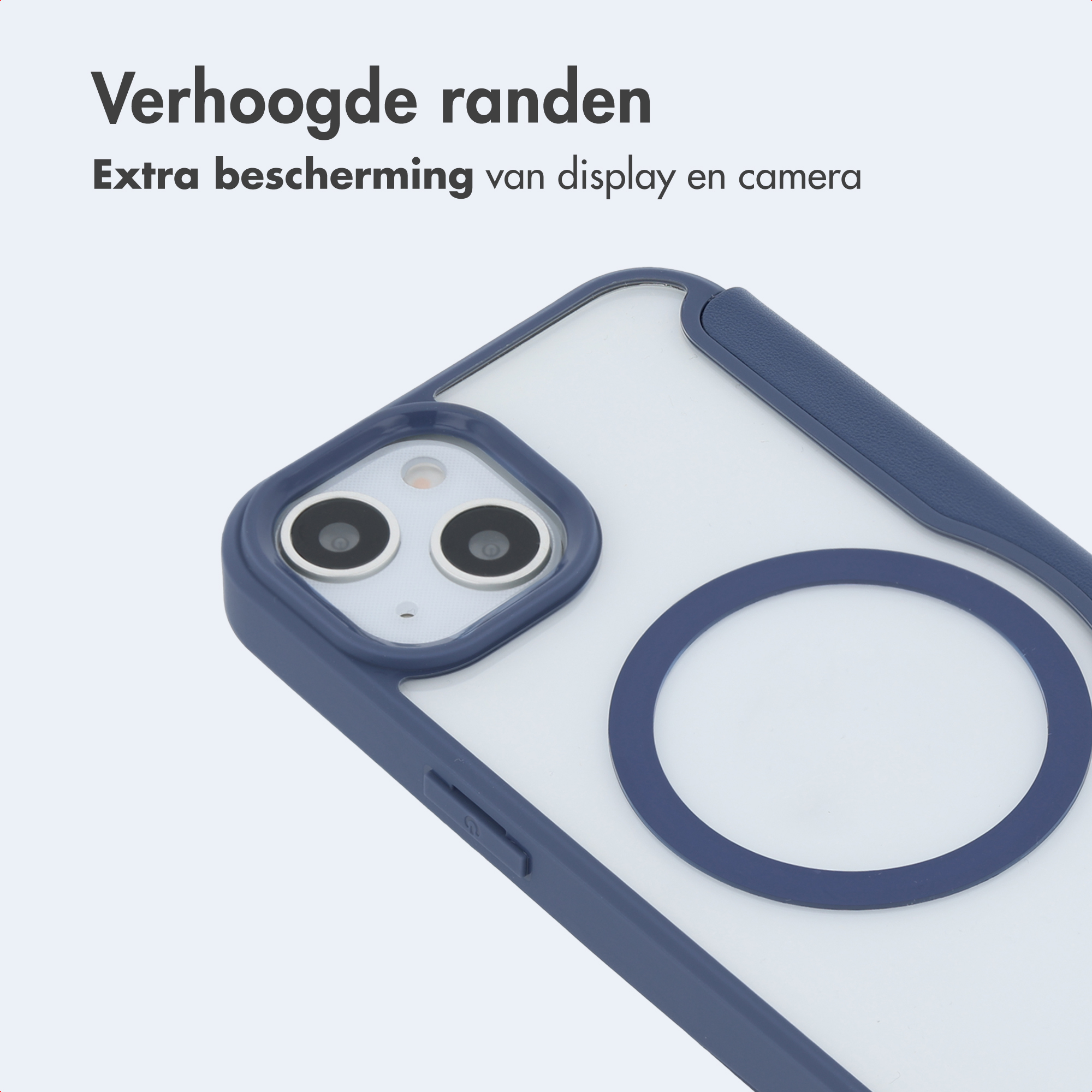 Nahaufnahme einer blauen Handytasche auf weißem Grund mit erhöhtem Rand für Kamera- und Display-Schutz.