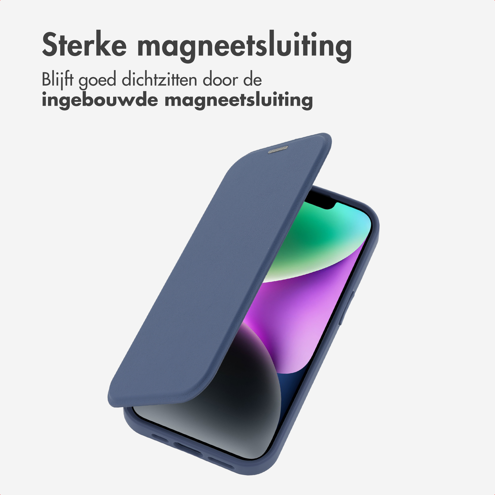 Ein blaues Smartphone mit Klapphülle und Text über starkem Magnetverschluss.