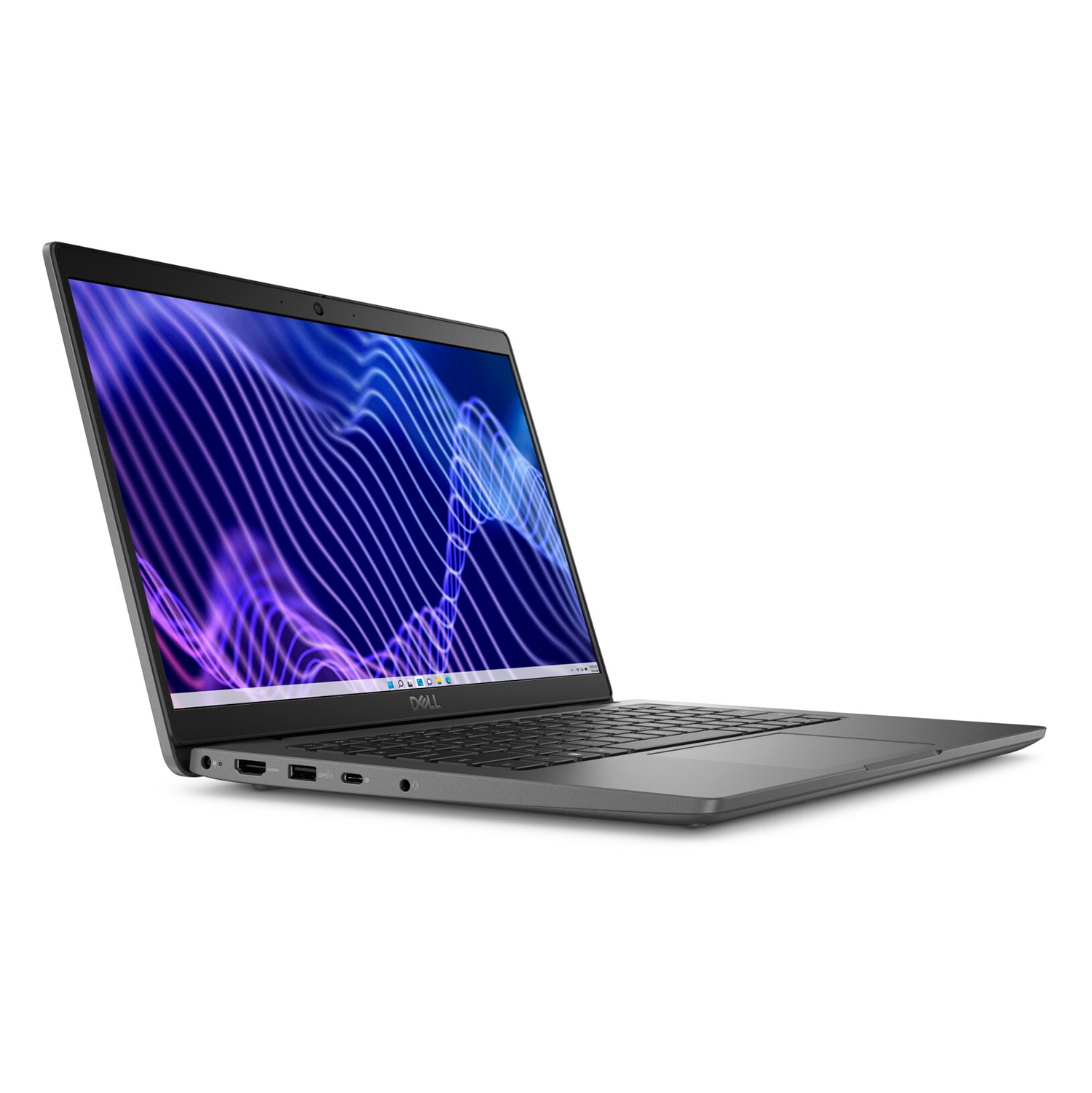 Ein schwarzer Dell-Laptop auf weißem Hintergrund mit einem blau-violetten abstrakten Wellen-Hintergrundbild.