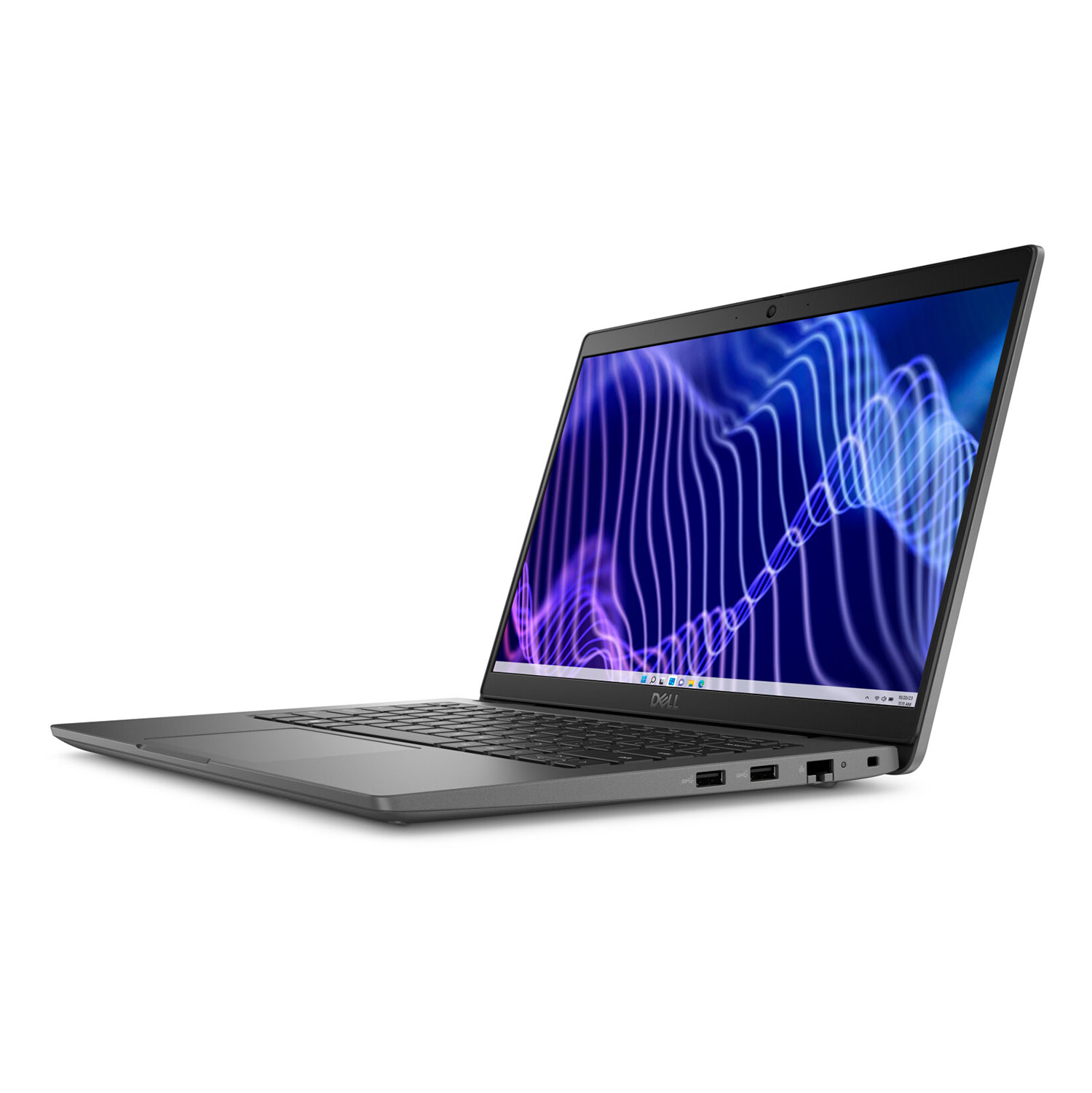 Ein grauer Dell-Laptop mit blauem Wellenmuster-Hintergrundbild steht auf einer weißen Oberfläche.