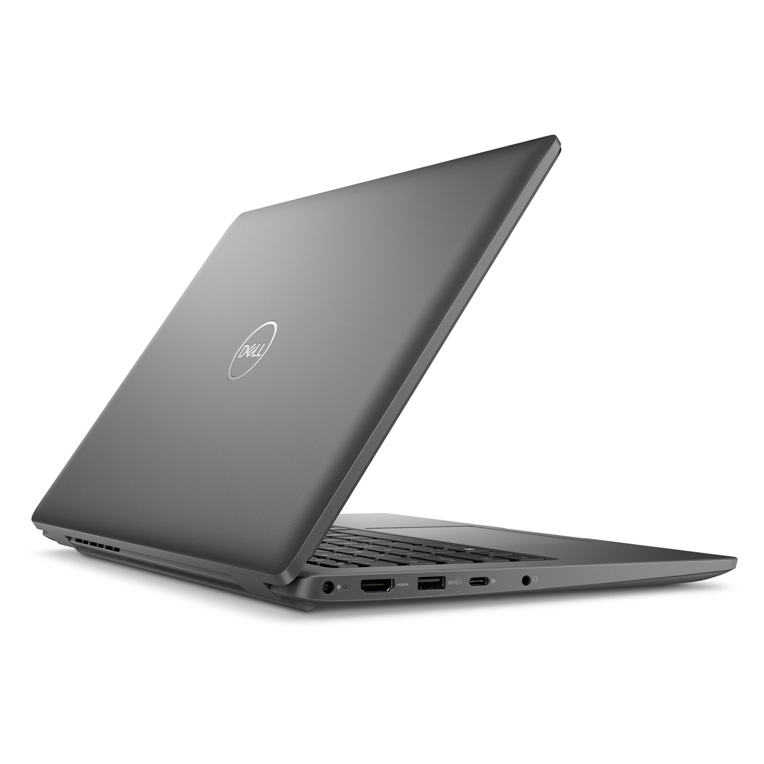 Ein grauer Dell-Laptop, von hinten rechts gesehen, zeigt den Bildschirmdeckel mit Logo und seitliche Anschlüsse.