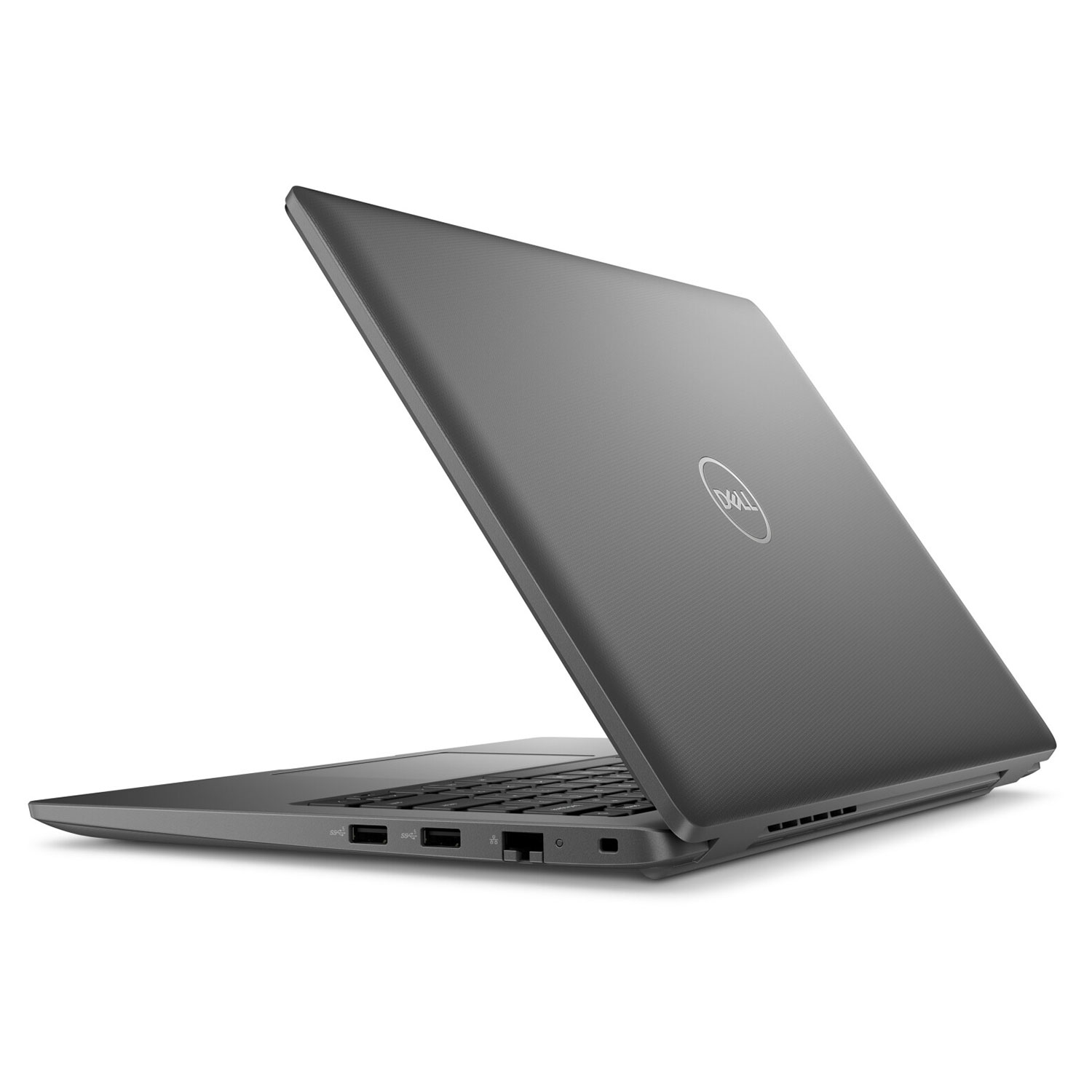 Ein grauer Dell-Laptop, von hinten und der Seite auf einer weißen Oberfläche fotografiert.