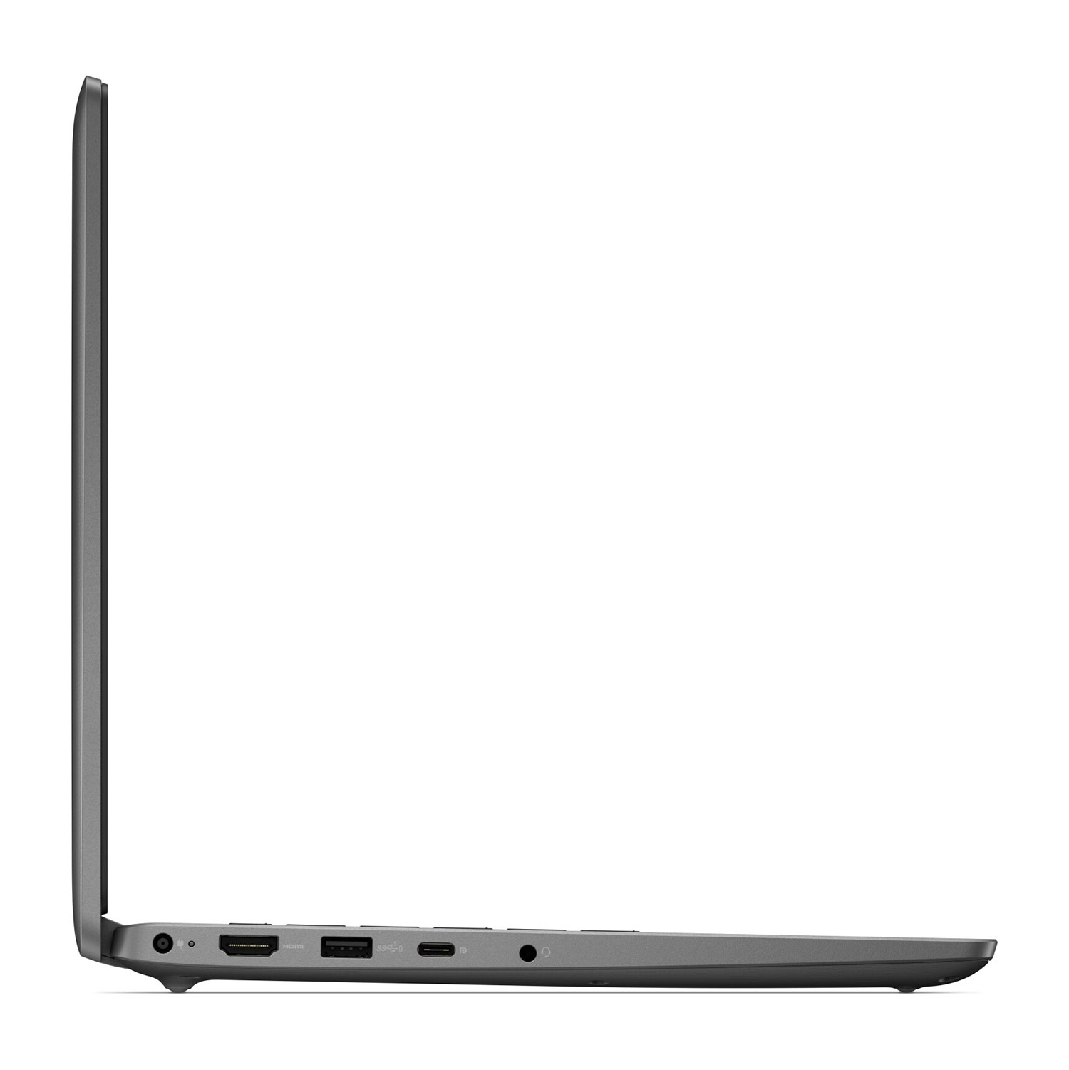 Linke Seite eines grauen Laptops mit verschiedenen Anschlüssen wie USB, HDMI und Audio.