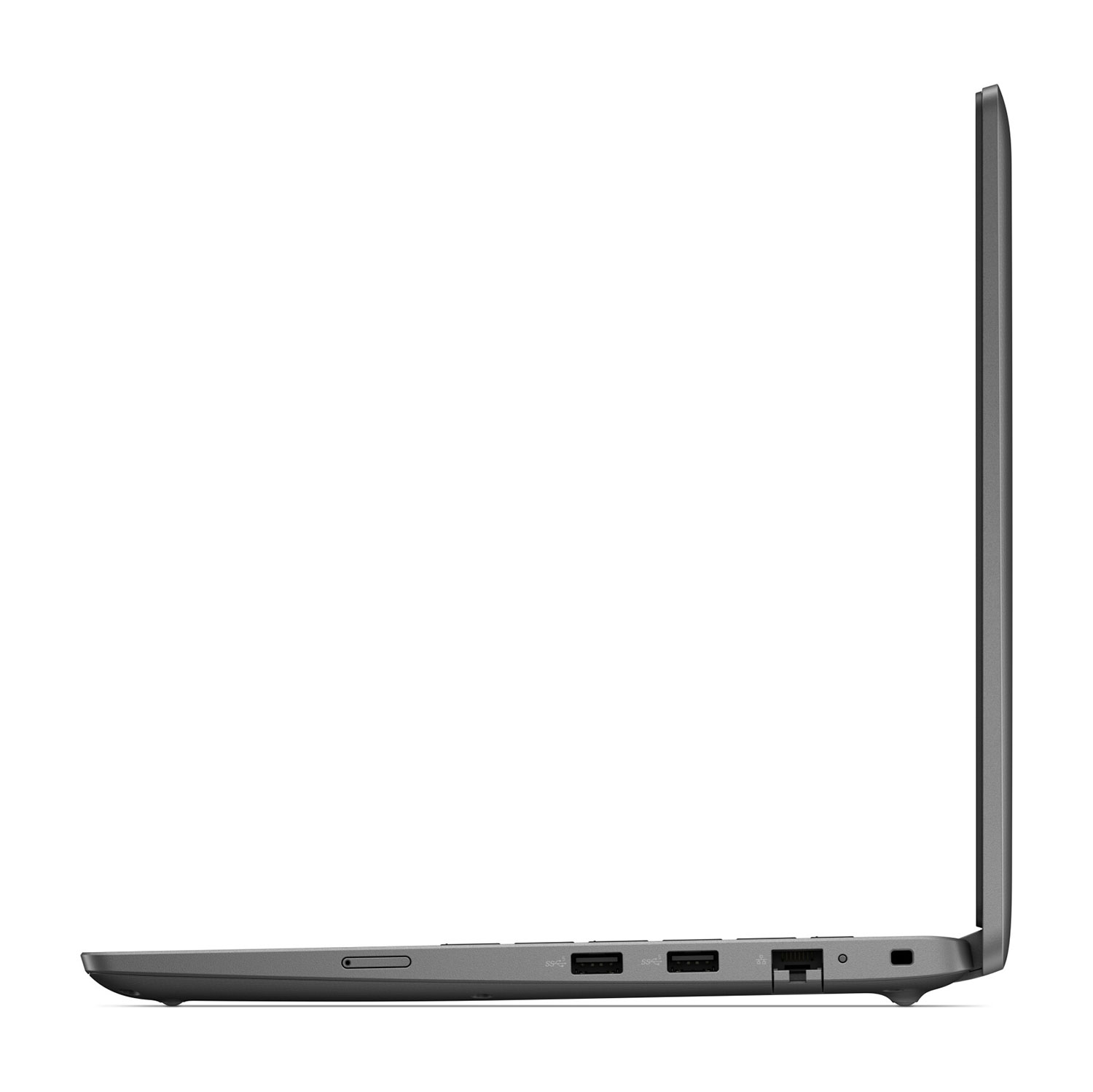 Seitenansicht eines grauen Laptops mit USB-Anschlüssen, Ethernet-Port und geschlossenem Display auf weißem Hintergrund.