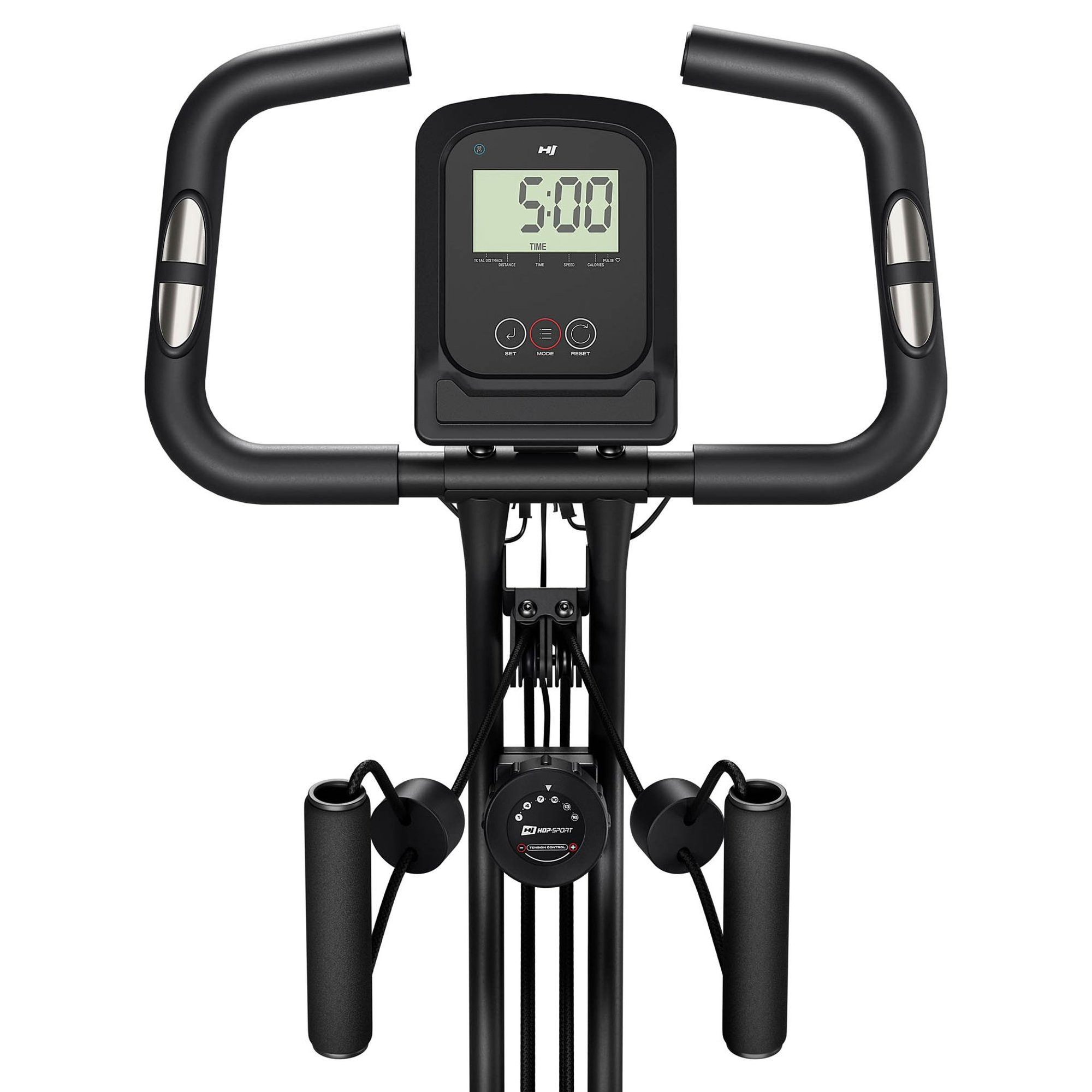 Fitnessbike-Display mit Griffen und integrierten Widerstandsseilen gegen weißen Hintergrund.