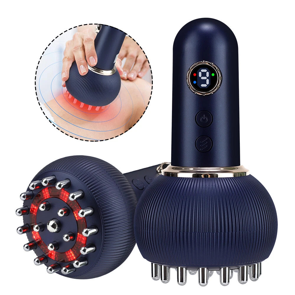 Dunkelblauer Handkopfhautmassagekopf mit Metallnoppen, LED-Anzeige und Rotlichttherapie in Anwendung.