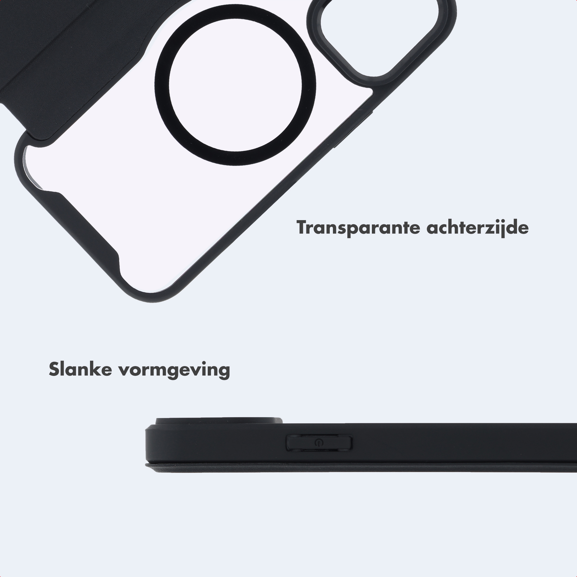 Eine schwarze Handytasche mit transparenter Rückseite, schlankem Design, MagSafe-Ring und Seitentasten.