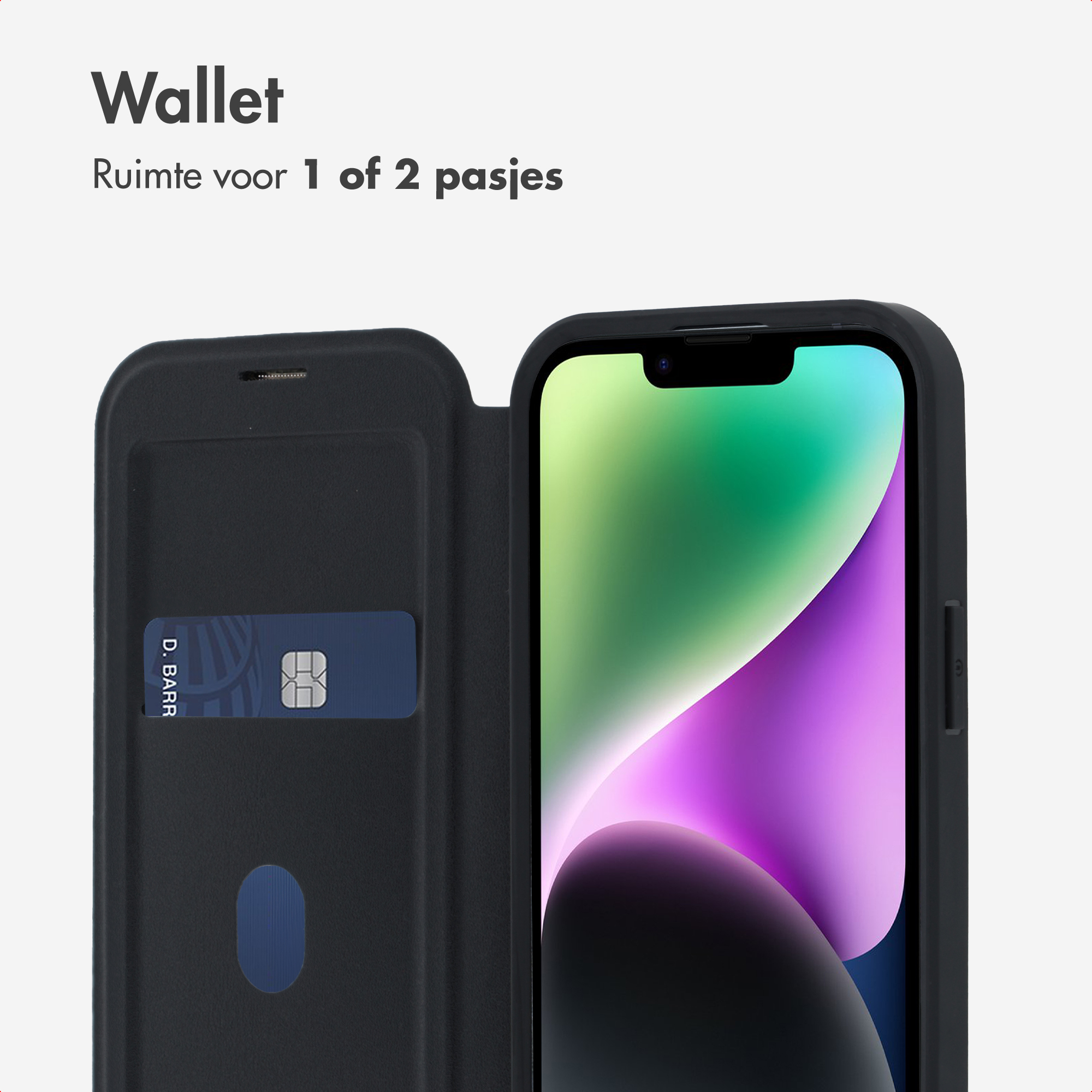 Eine schwarze Handytasche mit einem Geldbörsenfach für eine blaue Kreditkarte, offen neben einem Smartphone.