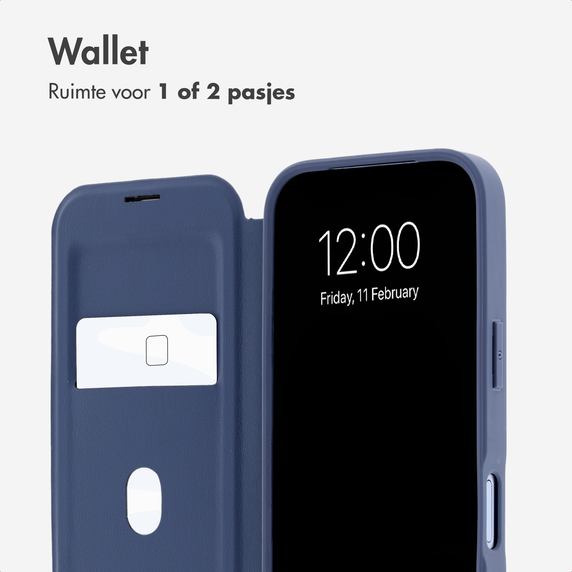 Blaue Smartphone-Schutzhülle im Brieftaschen-Design mit Kartenfach und geöffnetem Display.
