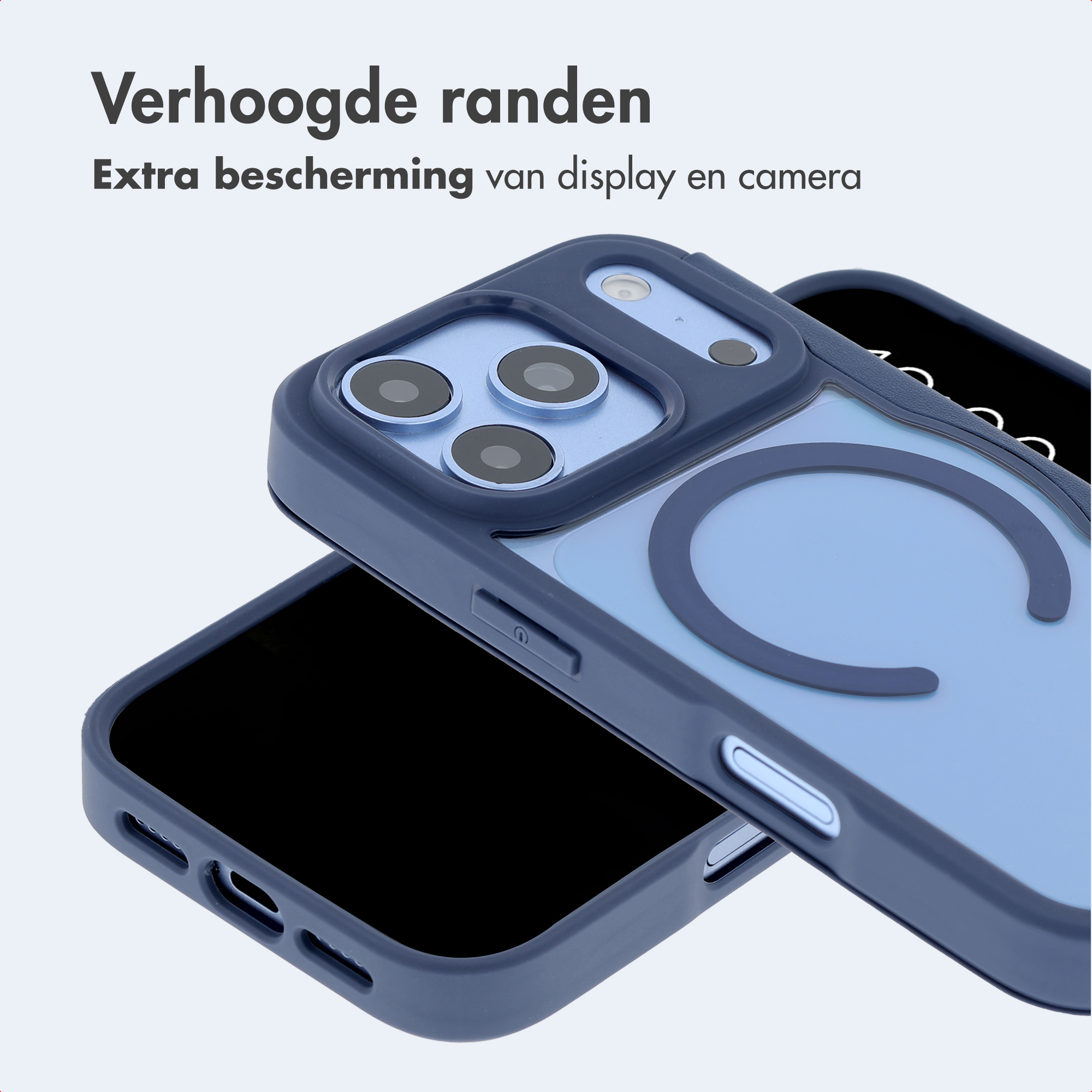 Zwei blaue Handyhüllen zeigen erhöhte Kanten für Display- und Kameraschutz vor hellem Hintergrund.