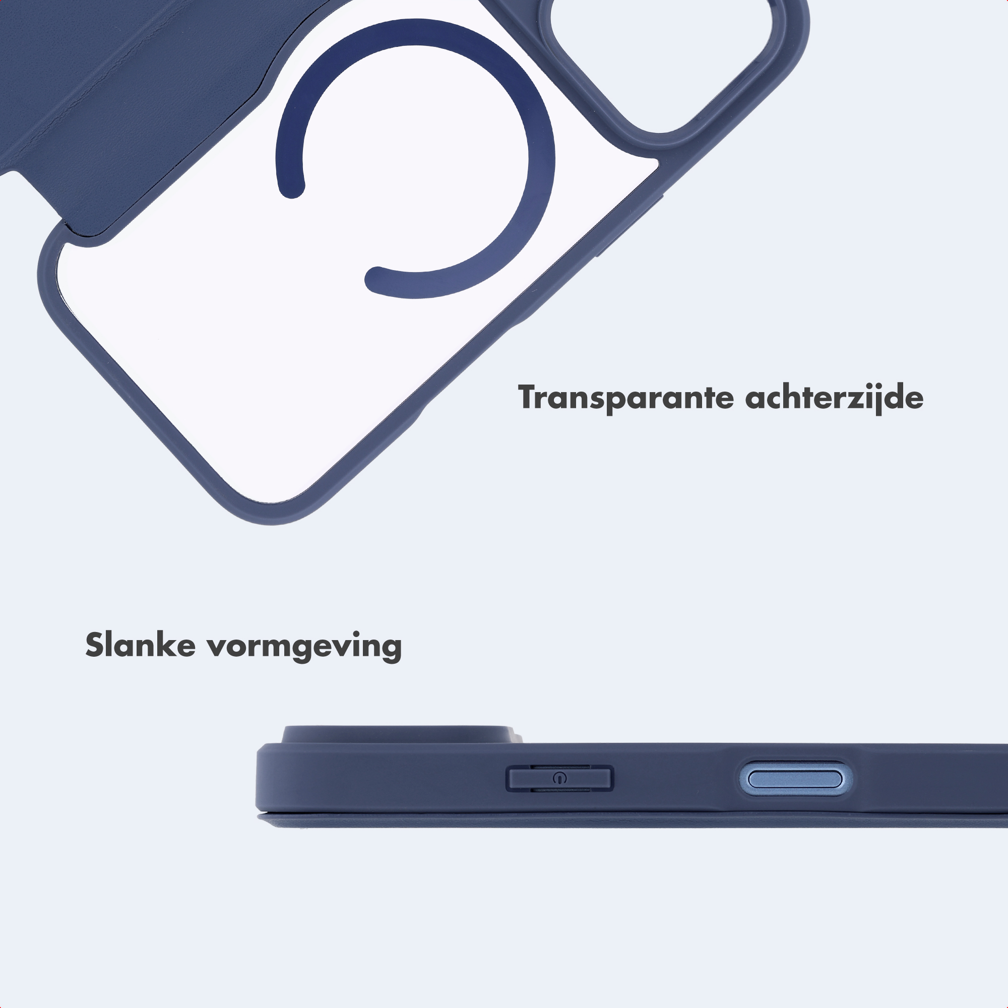 Blaue Handyhülle mit transparentem Rücken und Seitentasten.