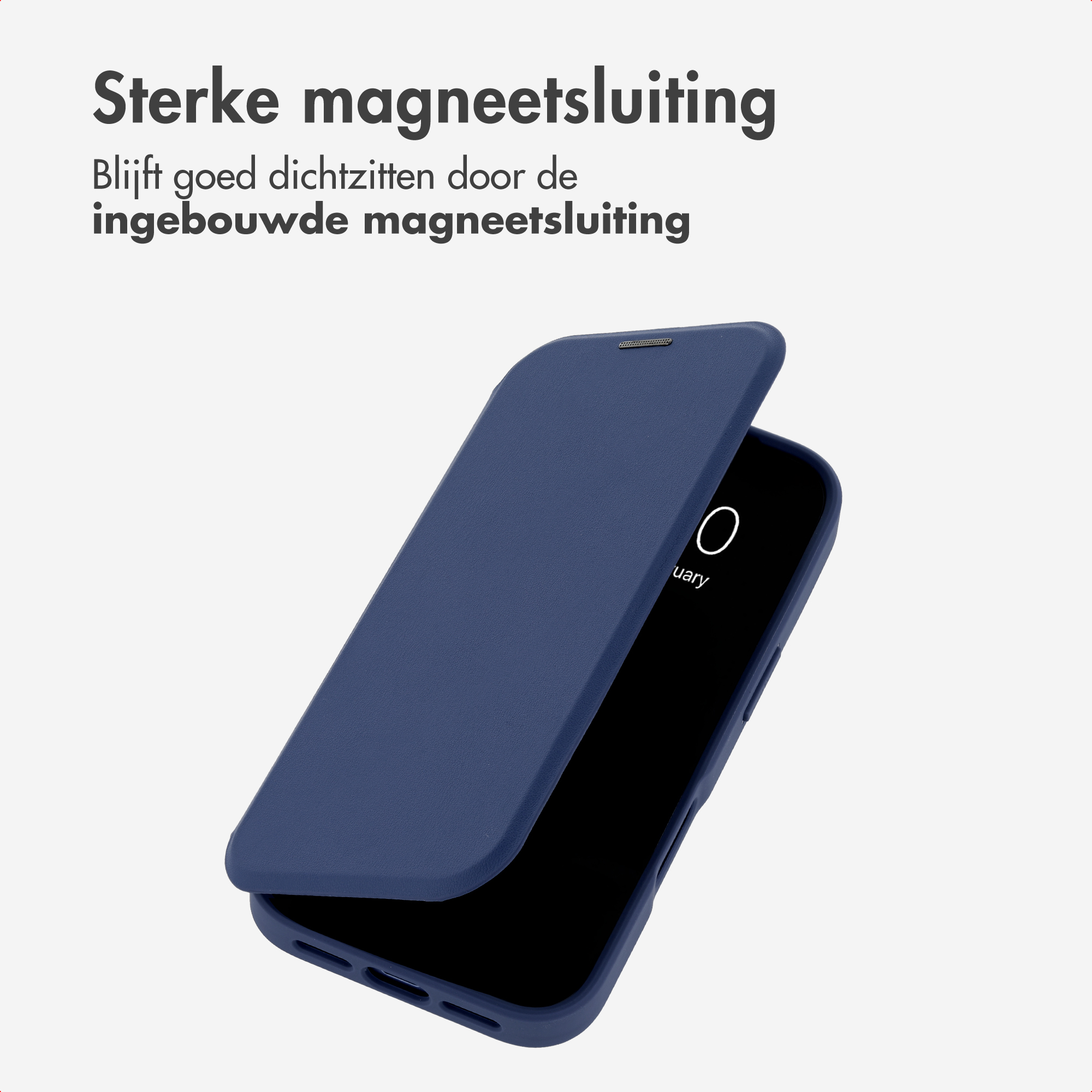 Eine blaue Klapphandyhülle ist halb geöffnet und zeigt den Bildschirm. Oben steht niederländischer Text.