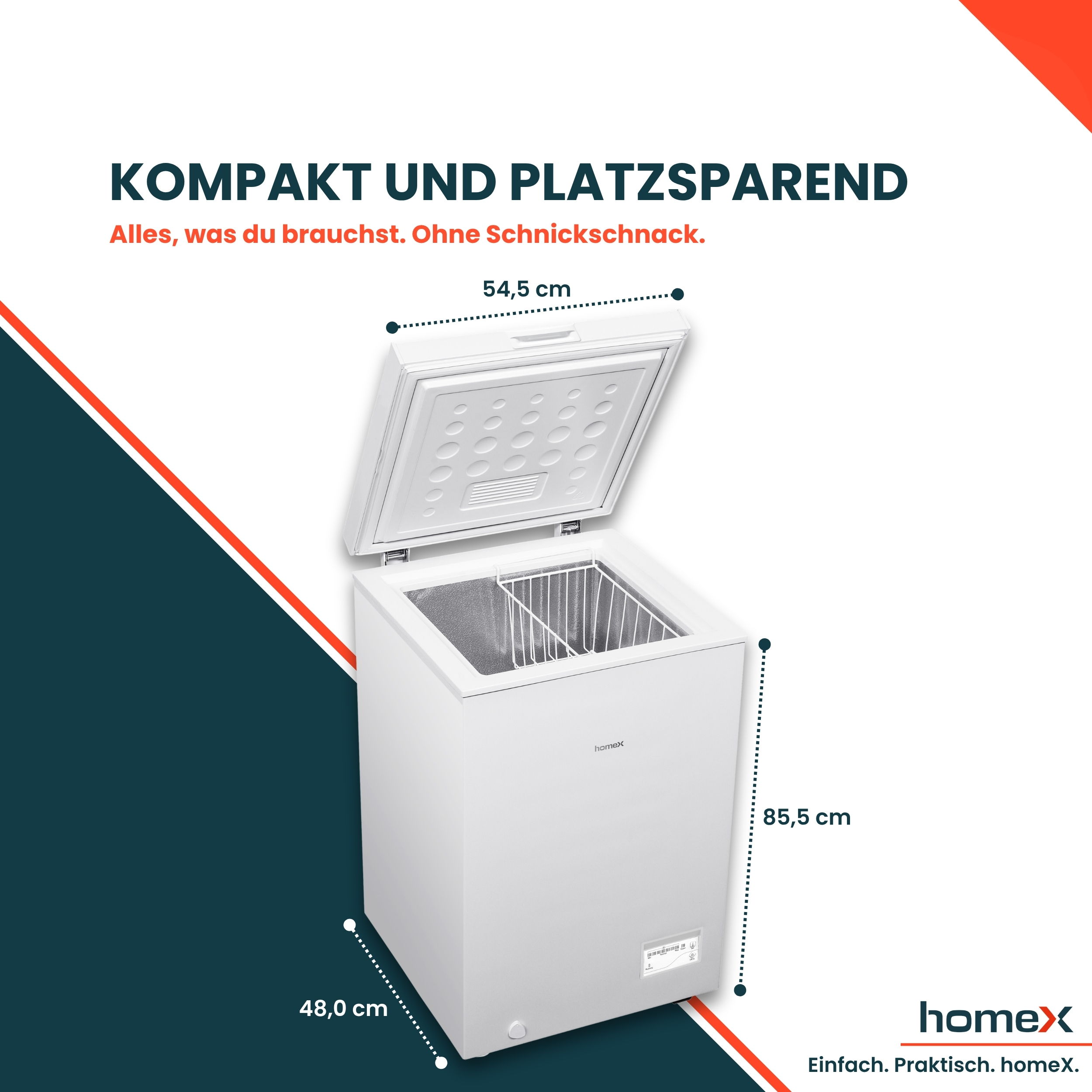 Kompakte weiße Gefriertruhe mit geöffnetem Deckel, Maßangaben und Homex-Logo.