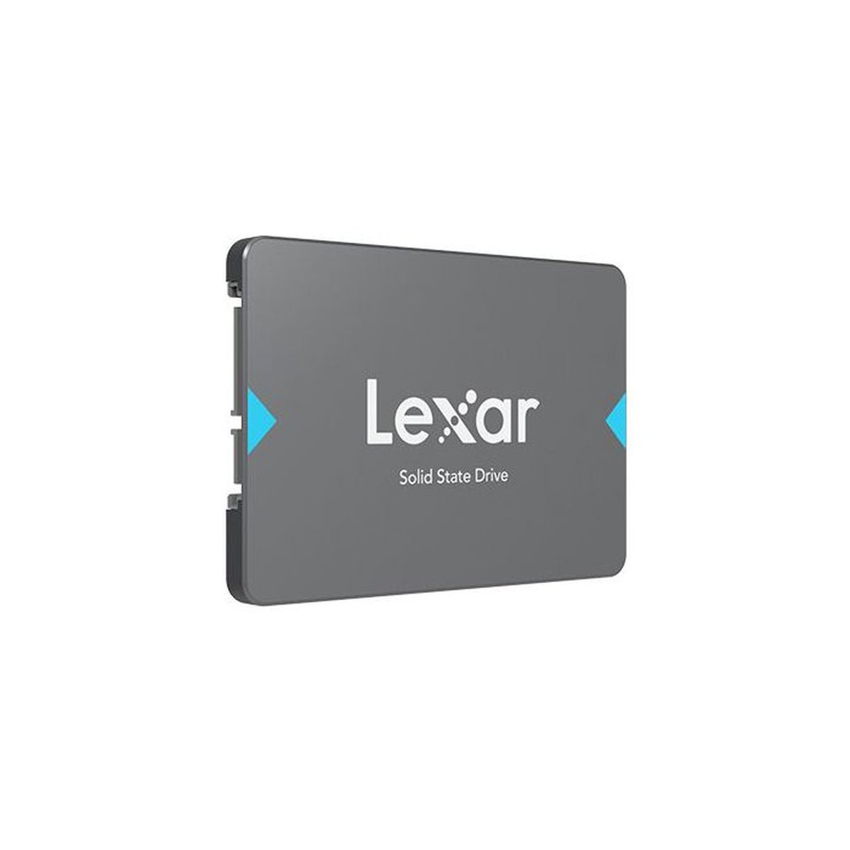 Eine grau-schwarze Lexar Solid State Drive (SSD) mit weißer Markenbeschriftung und blauen Akzenten auf weißem Hintergrund.