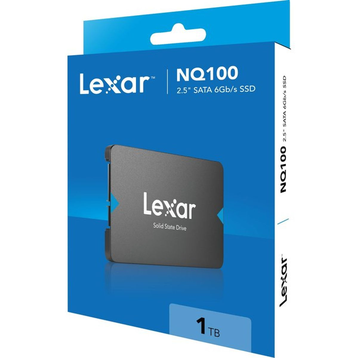 Blaue Produktverpackung einer Lexar NQ100 1 TB 2.5 Zoll SATA SSD mit abgebildetem Solid State Drive.