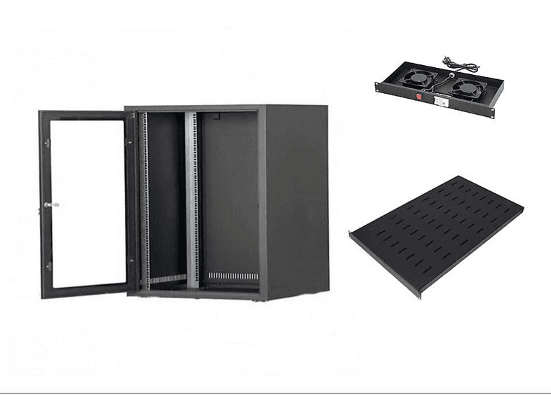 SETRACK 19'' 9U 600x600 CM + Sabit Raf+2Lİ Fan Modülü Duvar Tipi Rack Kabinet Antrasit