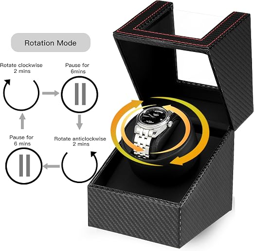 Schwarze Uhrenbewegerbox mit roter Naht und Diagramm der Rotationsmodi links.