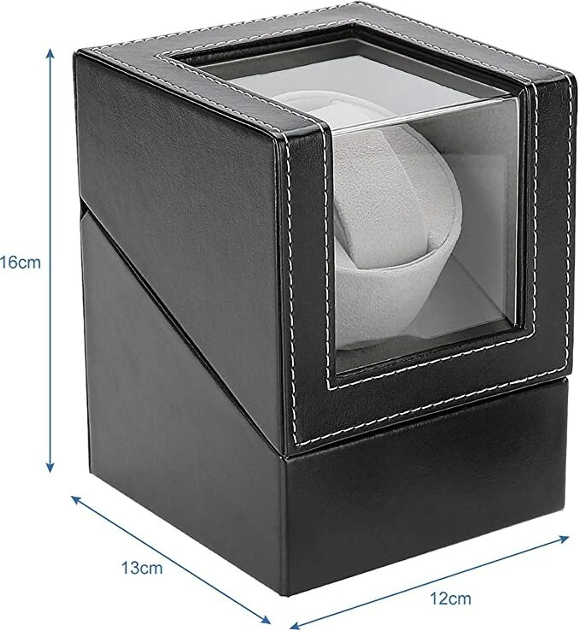 Schwarze Uhrenbeweger-Box aus Leder mit Glasfenster und angegebenen Maßen von 16x13x12 cm.