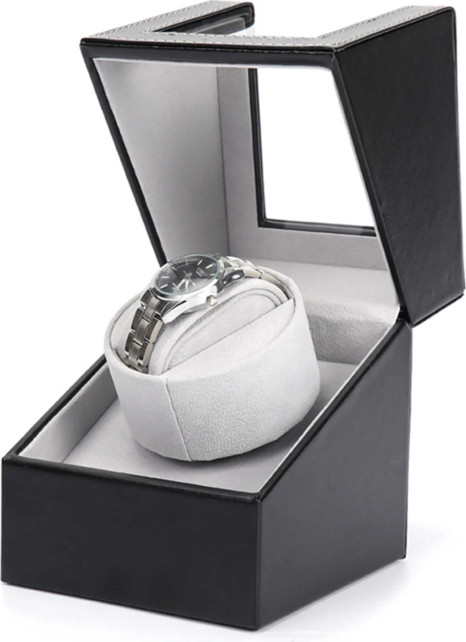 Eine offene schwarze Uhrenbox mit grauen Samtkissen und einer silbernen Uhr.