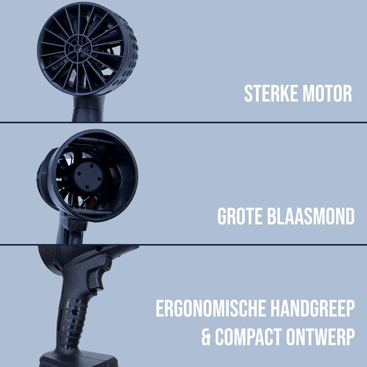 Three close-up views of a black hair dryer highlighting the strong motor, wide nozzle, and ergonomic grip.