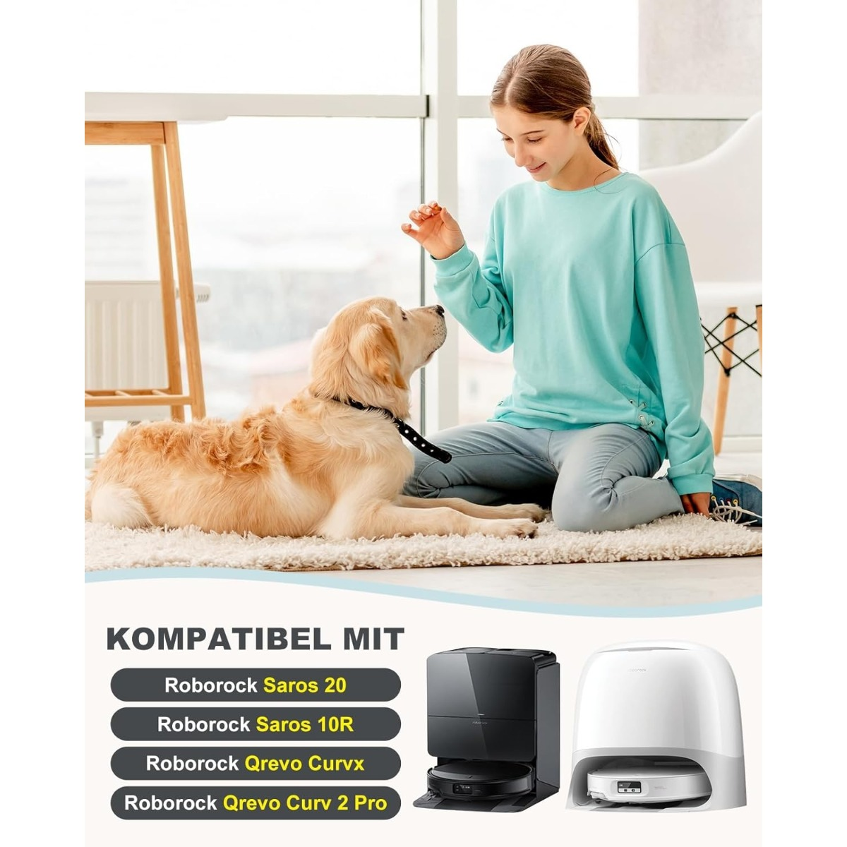 Una ragazza con un maglione verde menta nutre un Golden Retriever su un tappeto. In basso ci sono robot aspirapolvere.