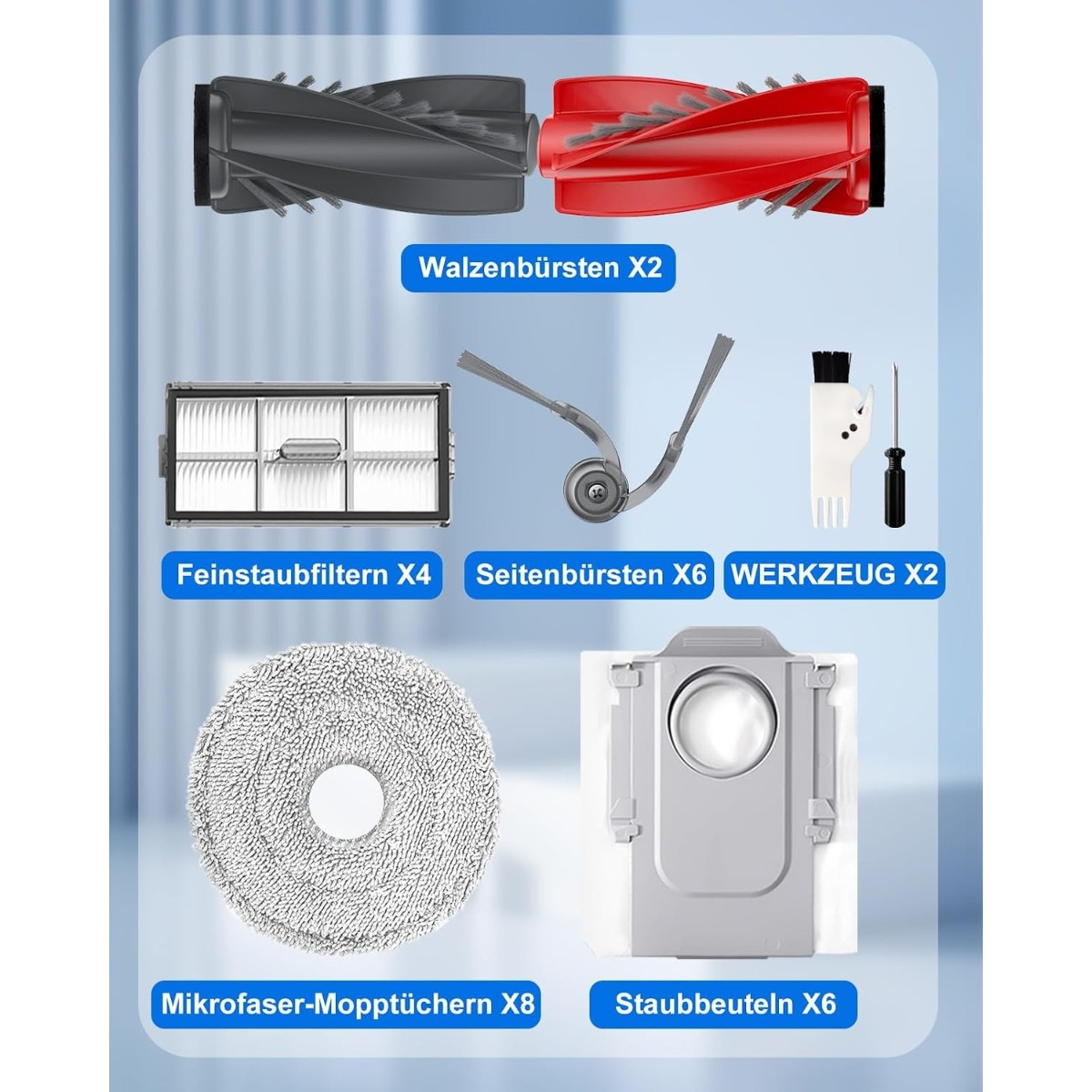 Kit di ricambi per robot aspirapolvere con spazzole a rullo, filtri, spazzole laterali, panni e sacchetti.