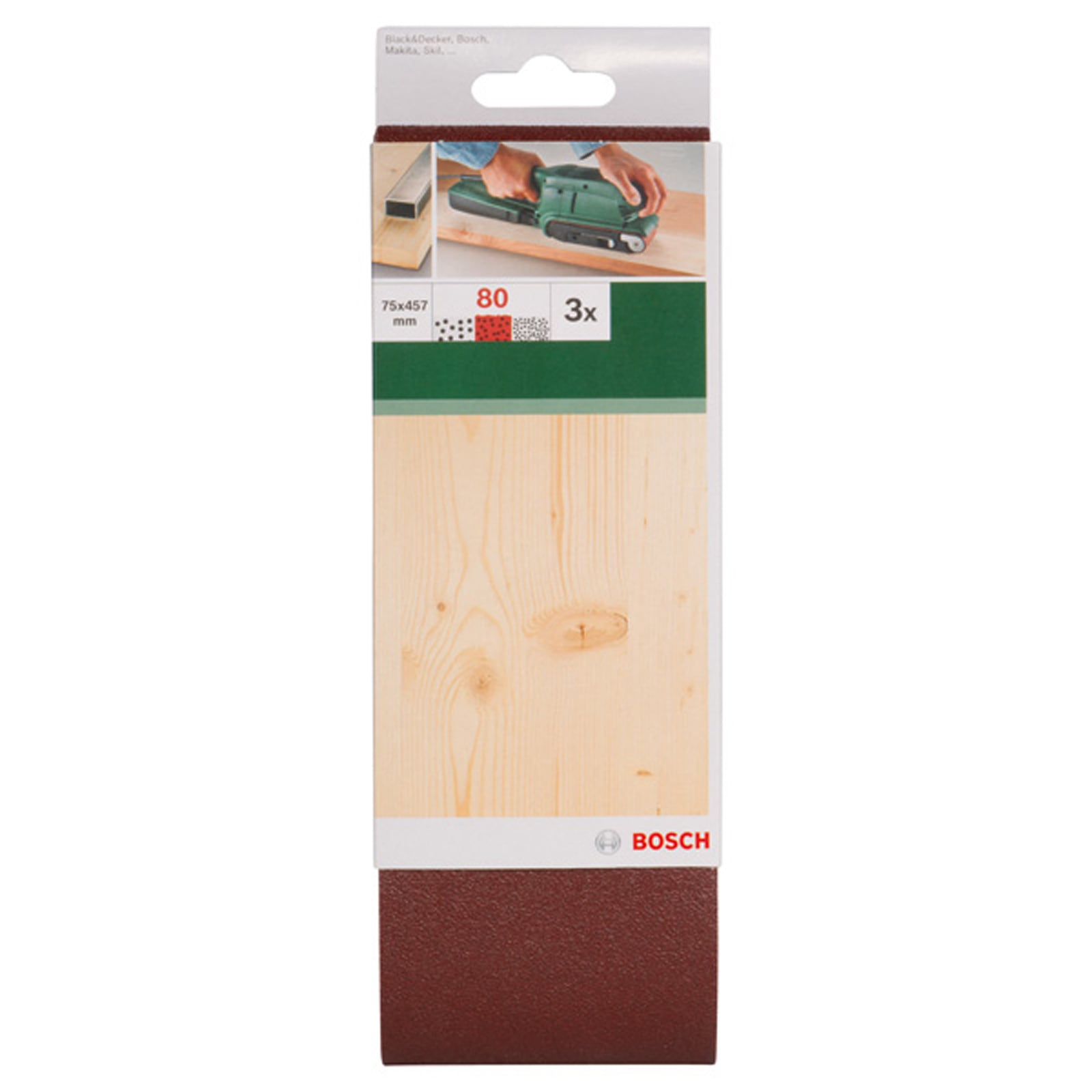 Bosch-Schleifband 75x457 mm, Körnung 80, 3er-Pack mit Holzmuster und Anwendungsbild.