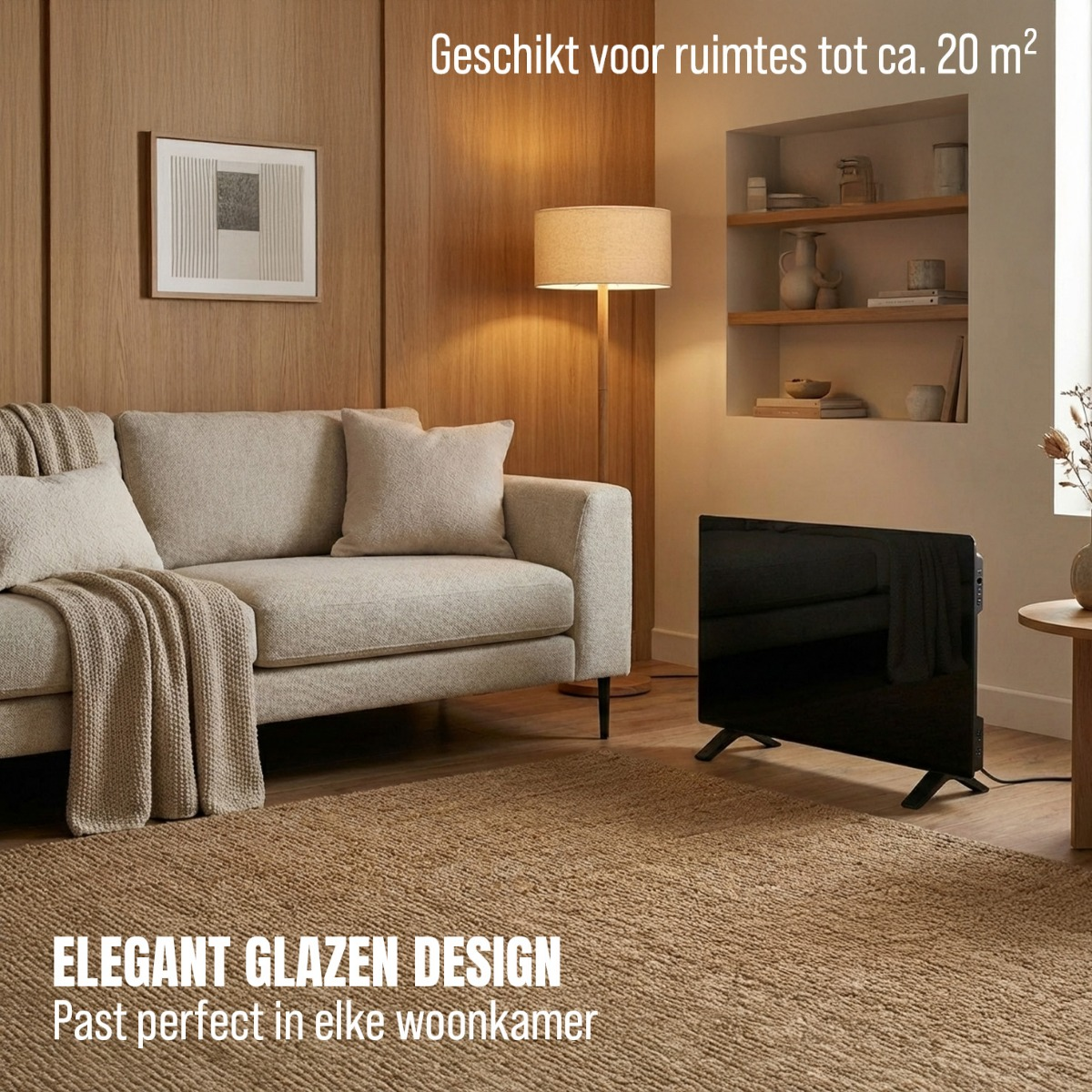A beige sofa sits in a wooden living room with a black glass heater on a rug.