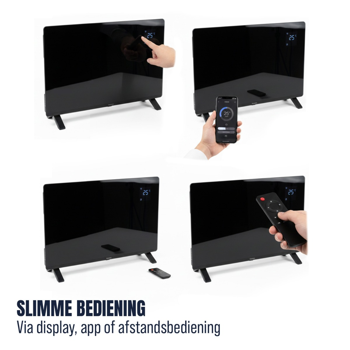 Four images show operating a black heater via display, smartphone app, remote, and control buttons.