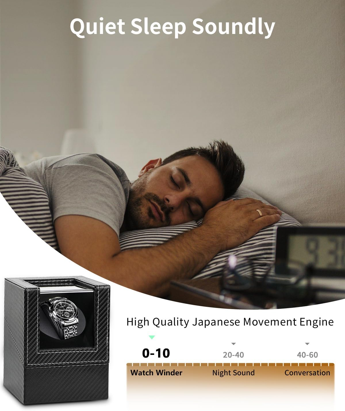 Ein Mann schläft friedlich im Bett neben einem schwarzen Uhrenbeweger und einer Geräuschpegel-Skala.