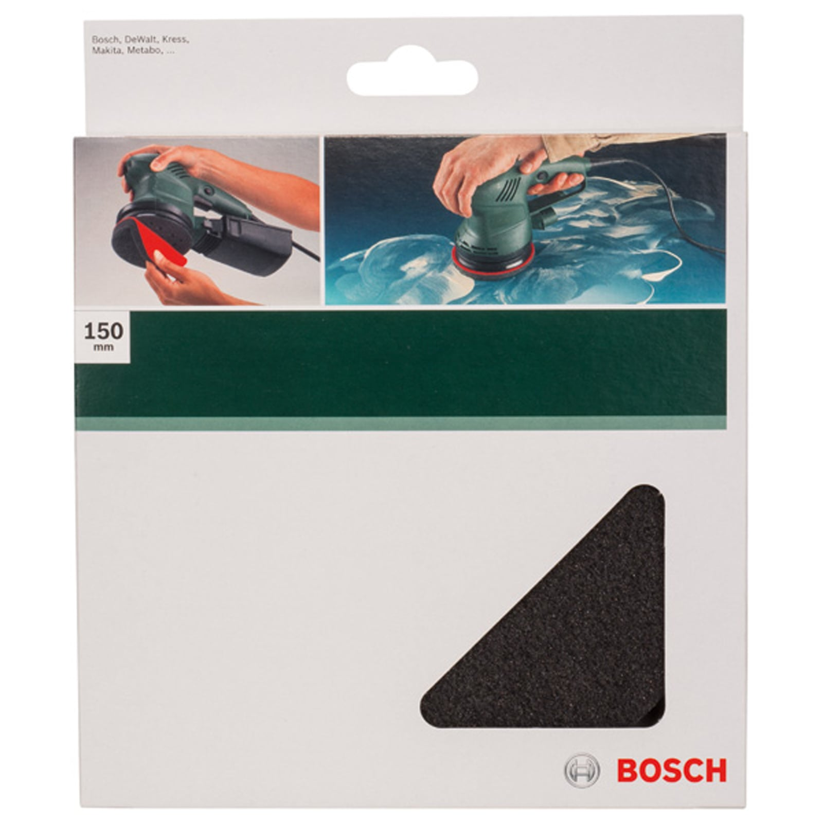 Weiße Bosch-Produktbox mit 150mm Deltaschleifpad und Anwendungsfotos oben.