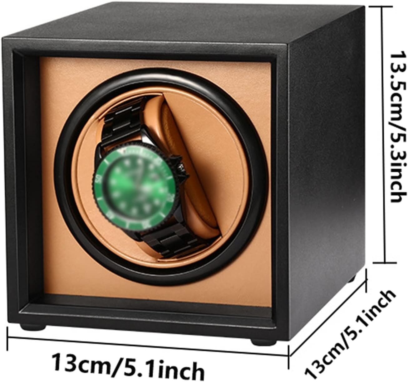 Schwarzer Uhrenbeweger mit braunem Innenraum und einer grünen Uhr, mit Maßen von 13x13 cm.