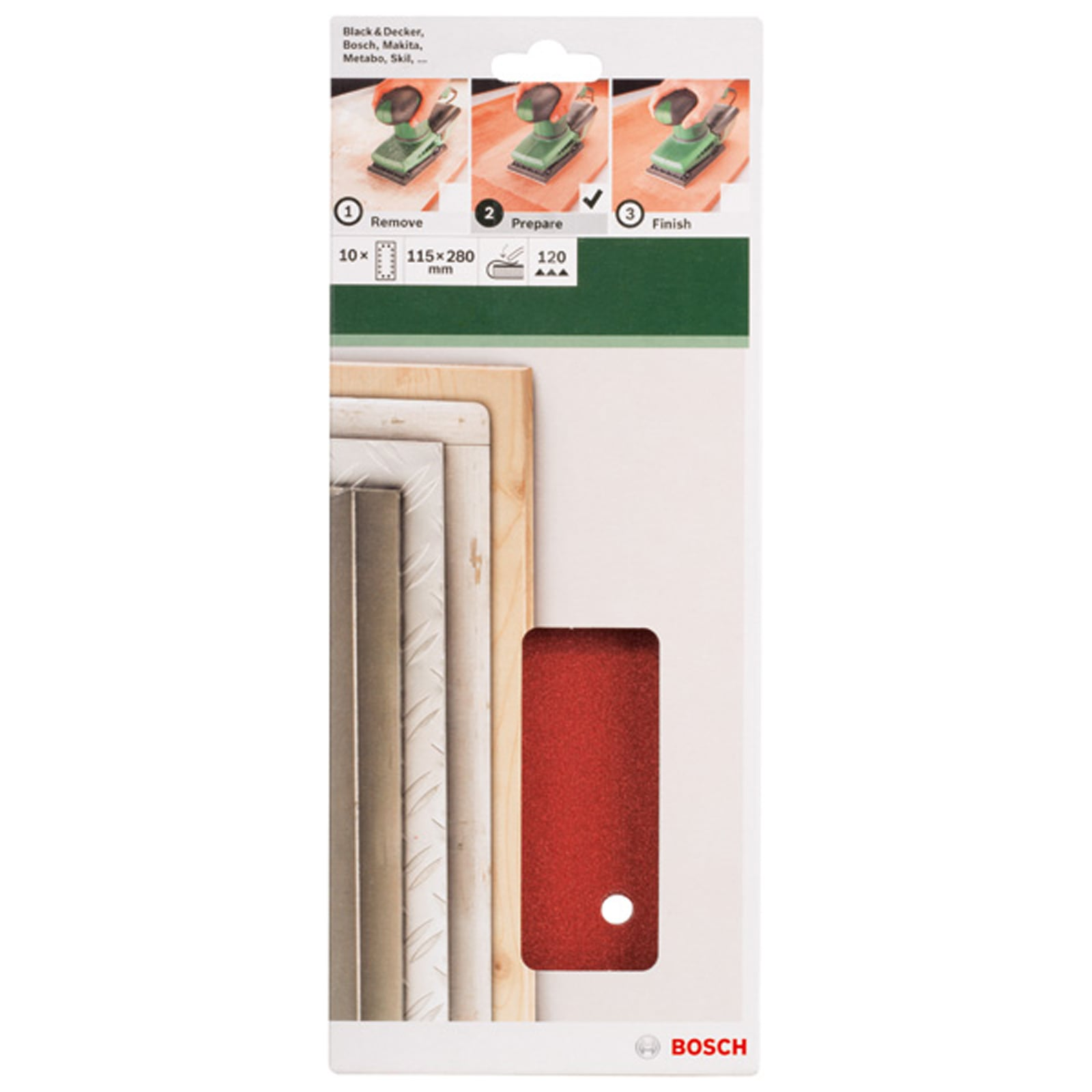 Packung roter Bosch-Schleifblätter für Holz und Metall mit Körnung 120 und Anwendungsschritten.