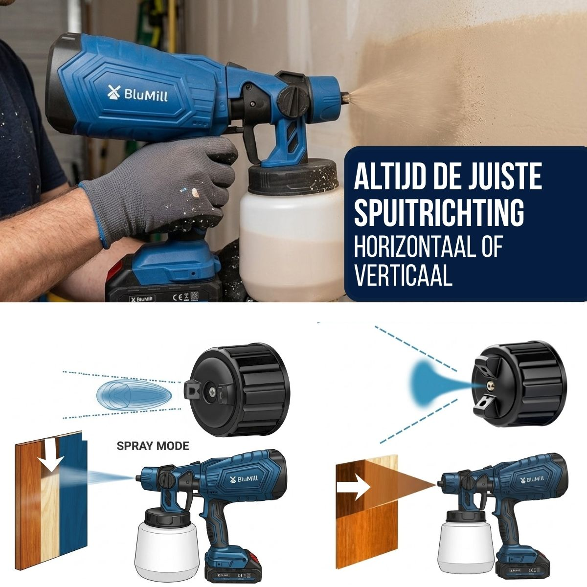 Blue BluMill paint sprayer spraying a wall, and diagrams showing horizontal and vertical spray patterns.