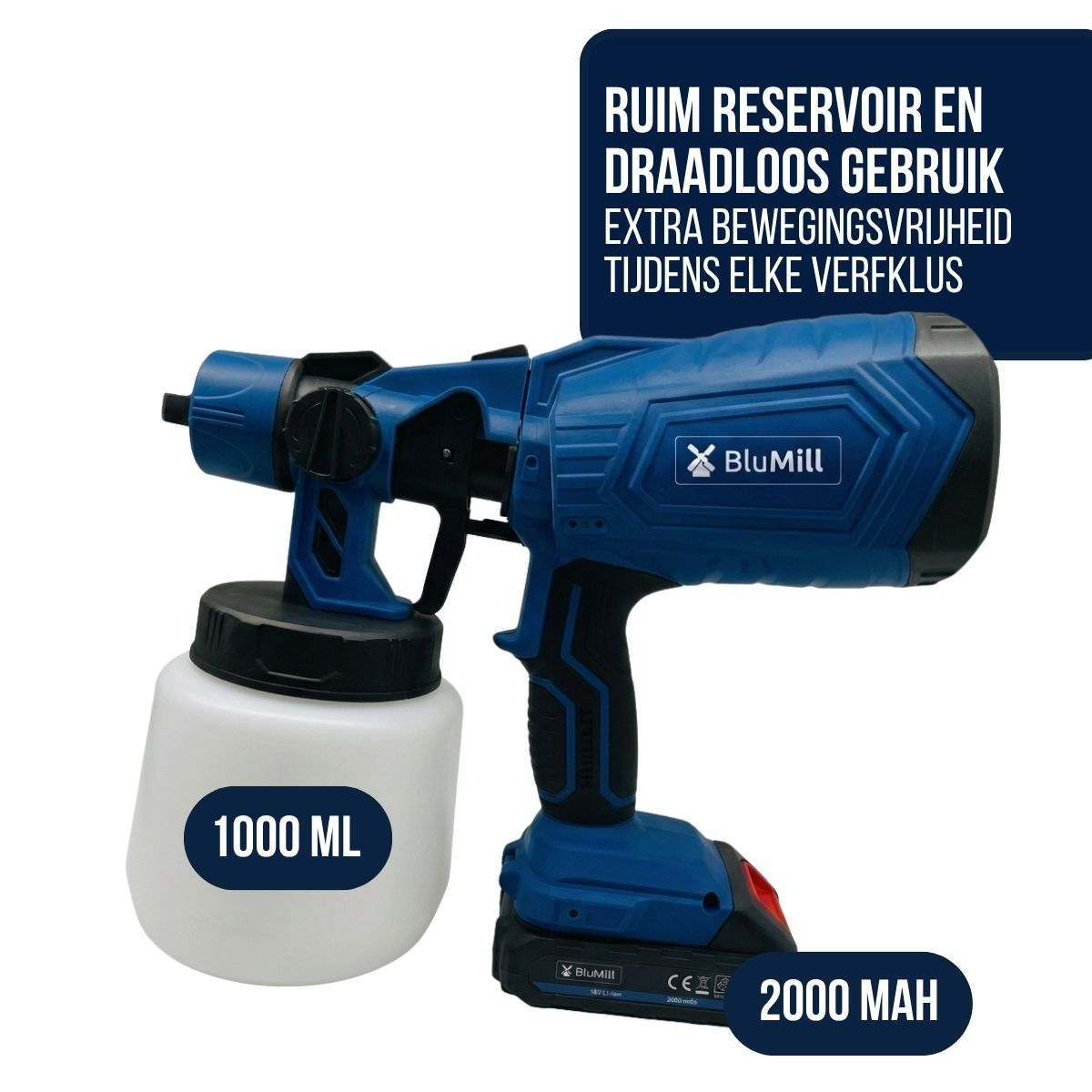 A blue and black BluMill cordless paint sprayer with a 1000ml white container and 2000mAh battery.