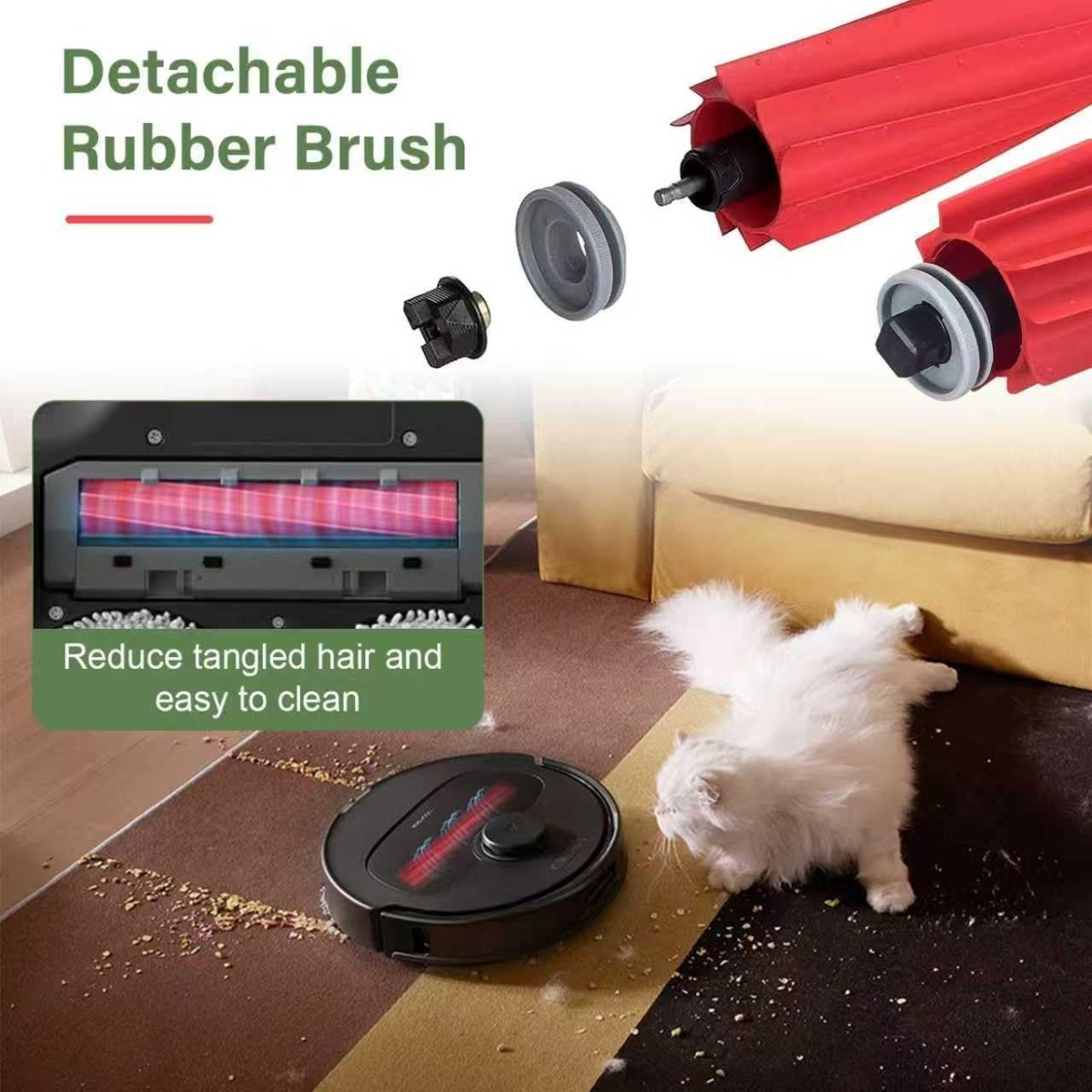 Spazzola in gomma rimovibile per robot aspirapolvere, riduce i capelli aggrovigliati e facile da pulire.